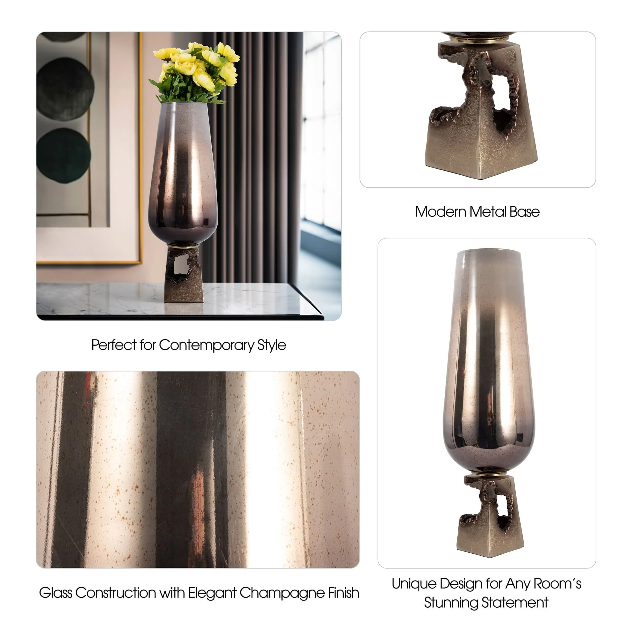 Glass, 26"h Vase W/ Metal Base, Champagne - Image 10