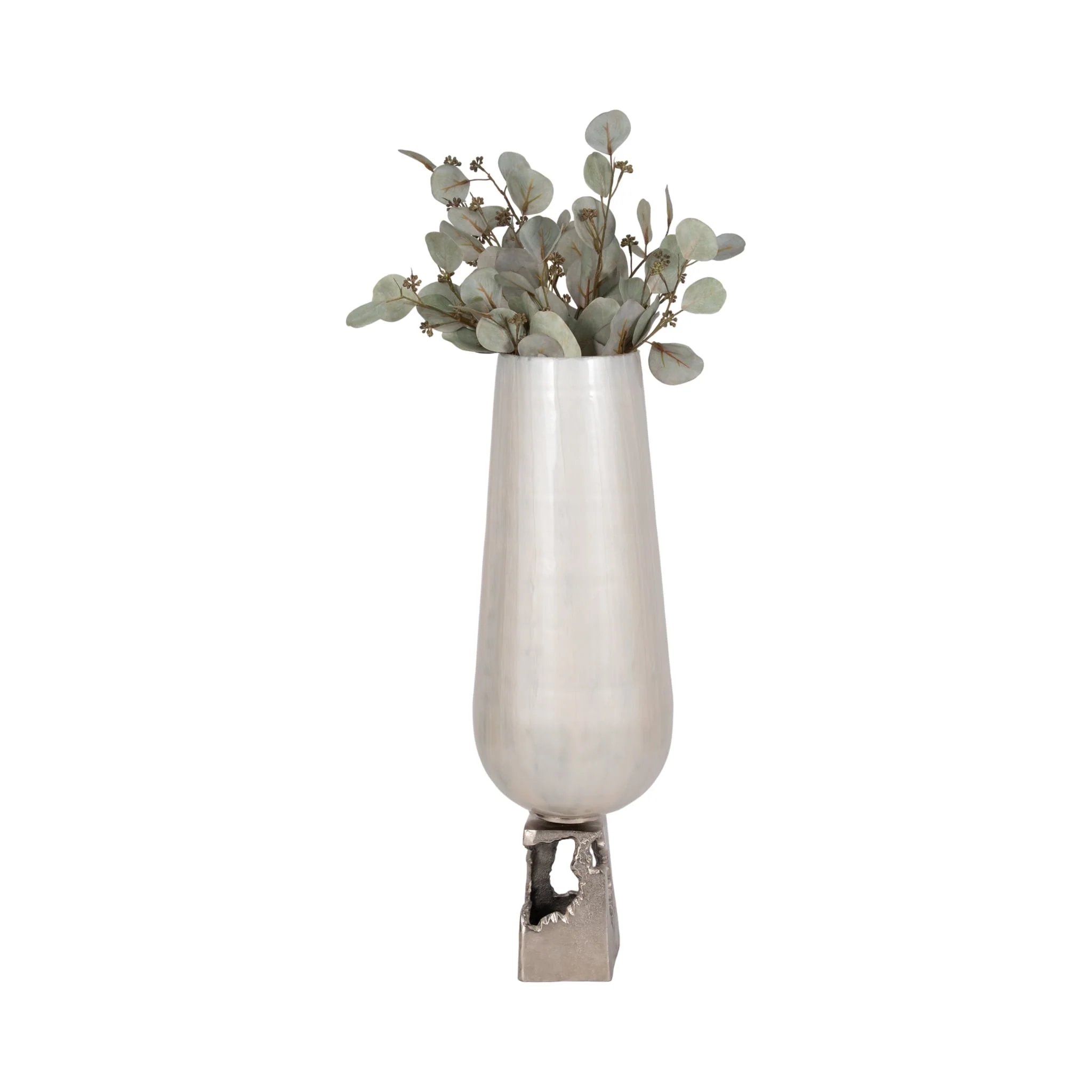 Glass, 26"h Vase W/ Metal Base, Peral White - Image 2