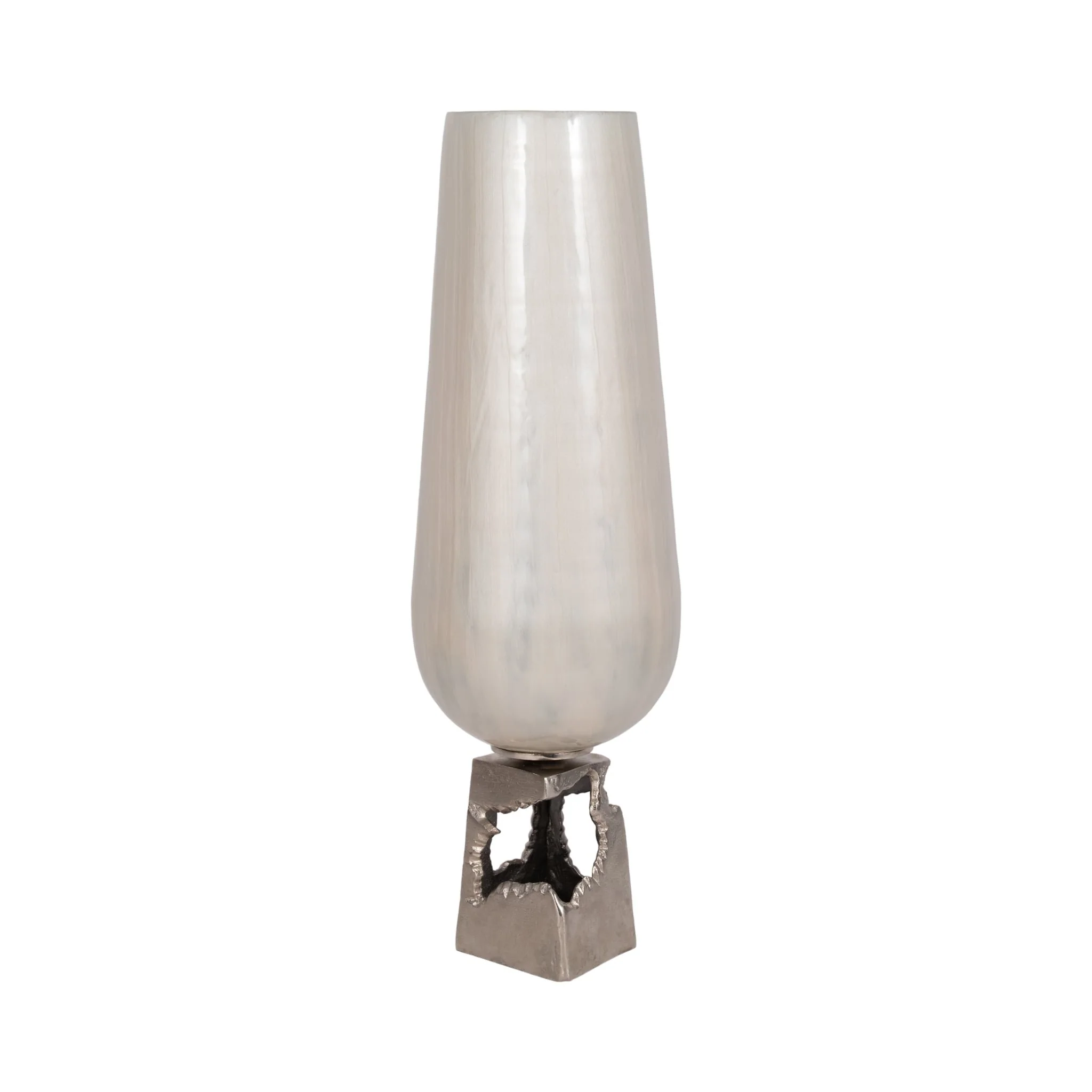Glass, 26"h Vase W/ Metal Base, Peral White - Image 3