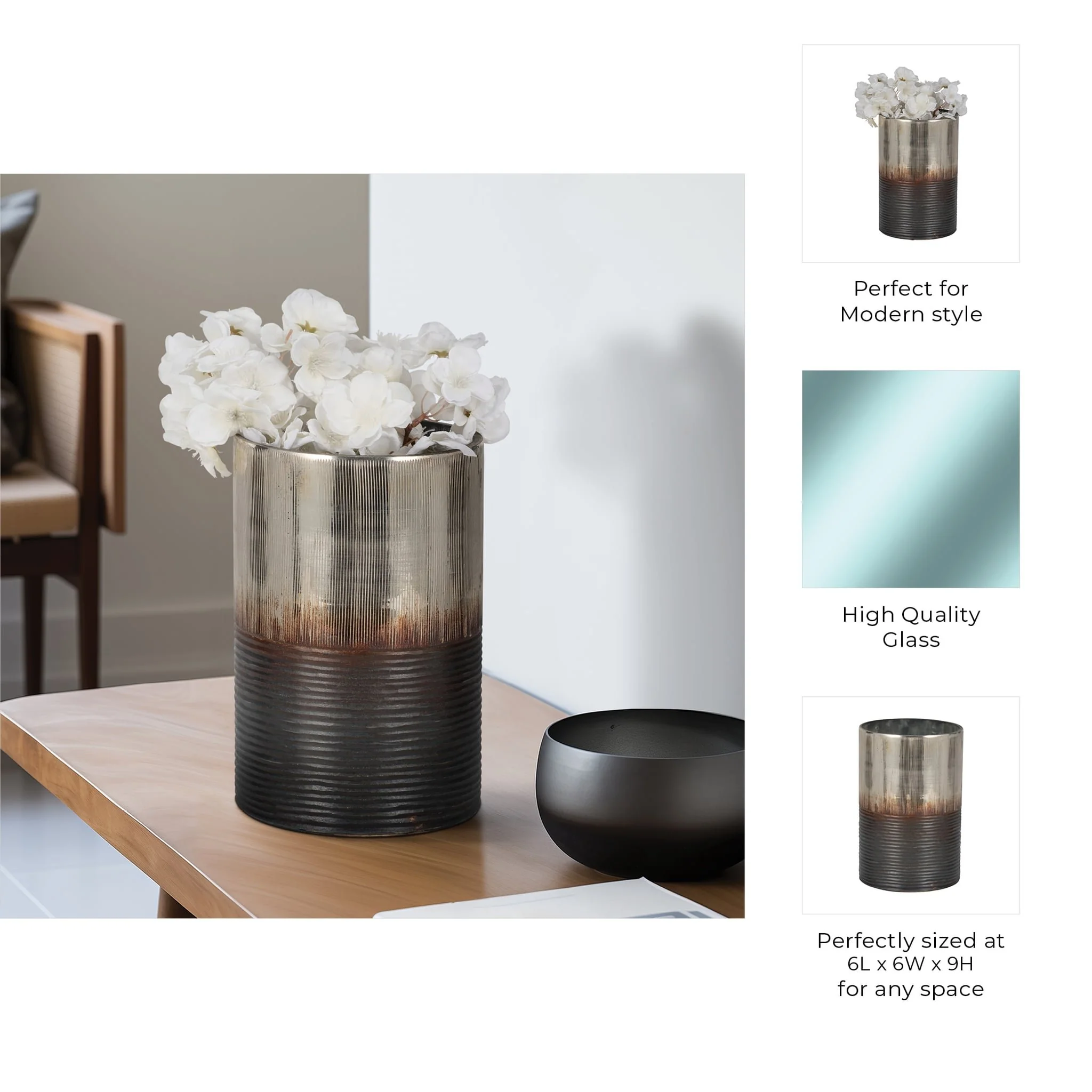 Glass, 9" Metallic 2-tone Vase, Silver - Image 9