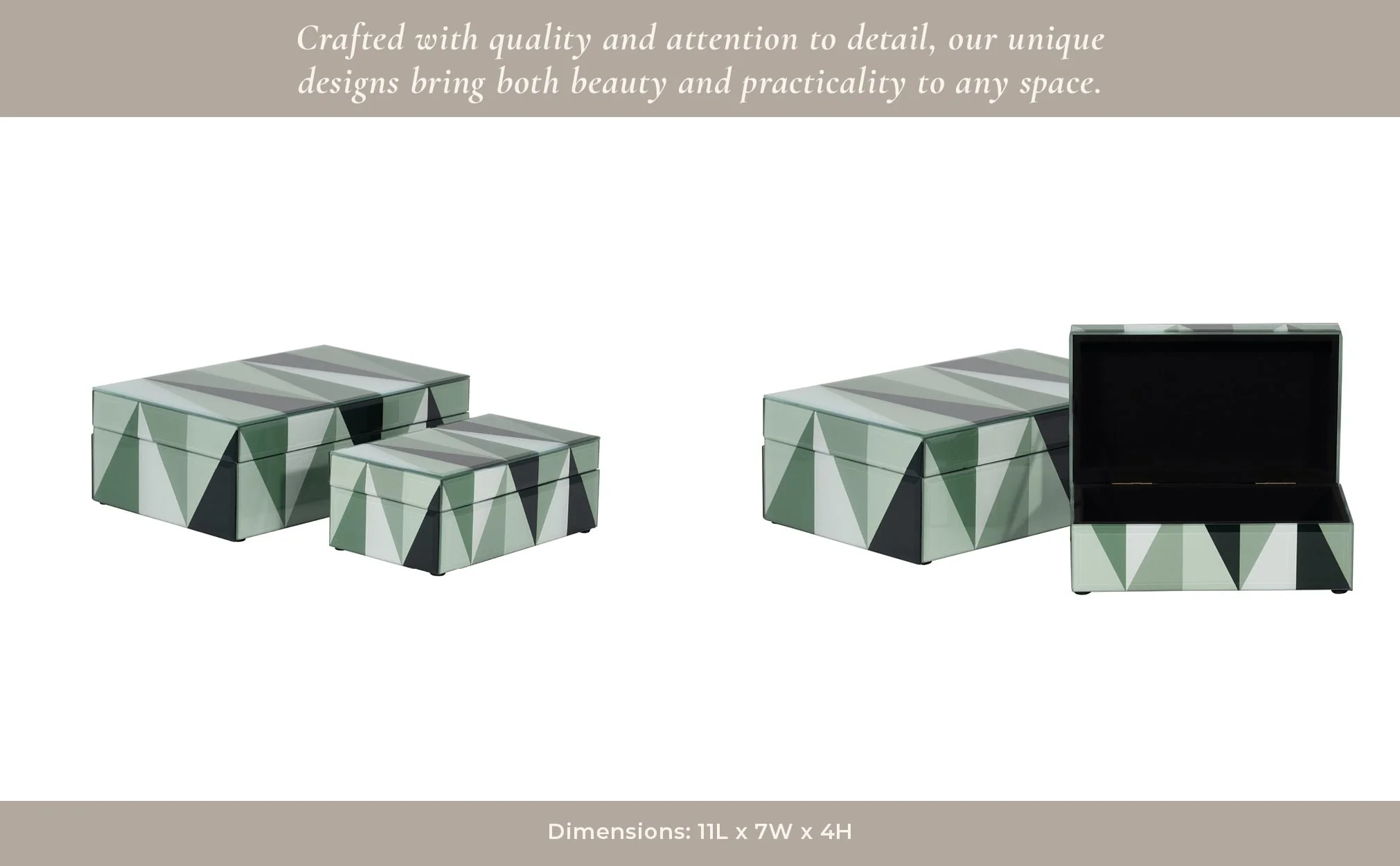 Glass, S/2 8/11" Triangles Boxes, Green/white - Image 14