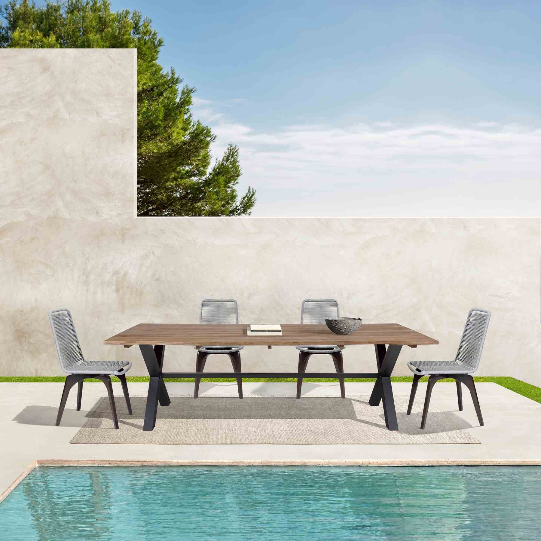 Glendora Island Outdoor Patio 5 Piece Live Edge Dining Set in Eucalyptus Wood and Silver Rope - Image 11