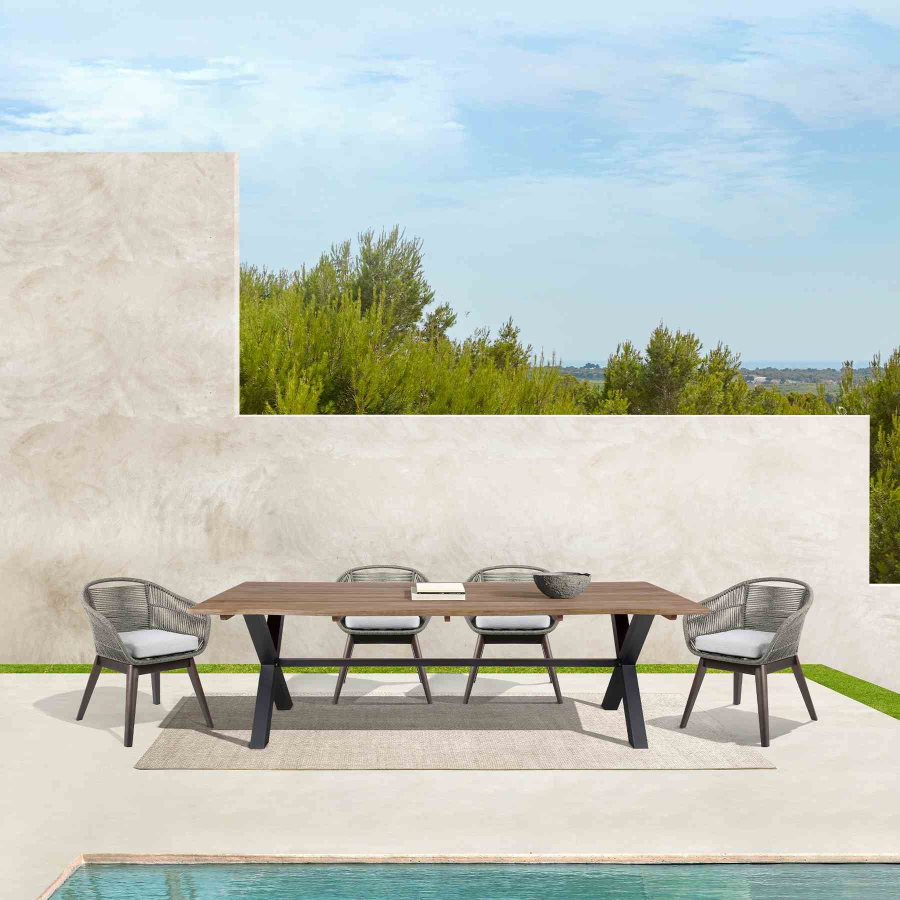 Glendora Tutti Frutti Outdoor Patio 5 Piece Live Edge Dining Set in Eucalyptus Wood Gray Rope and Cushions - Image 10