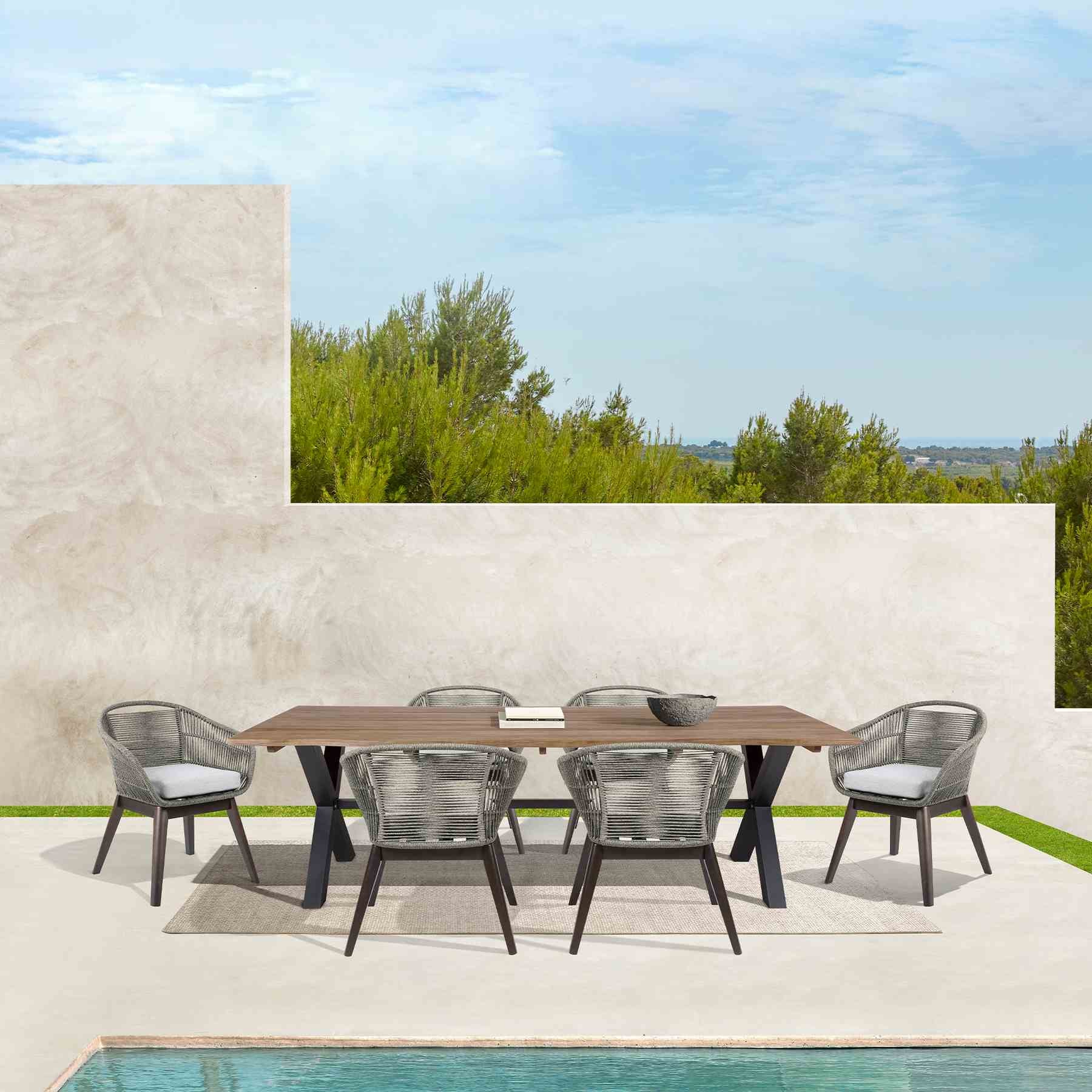 Glendora Tutti Frutti Outdoor Patio 7 Piece Live Edge Dining Set in Eucalyptus Wood Gray Rope and Cushions - Image 10