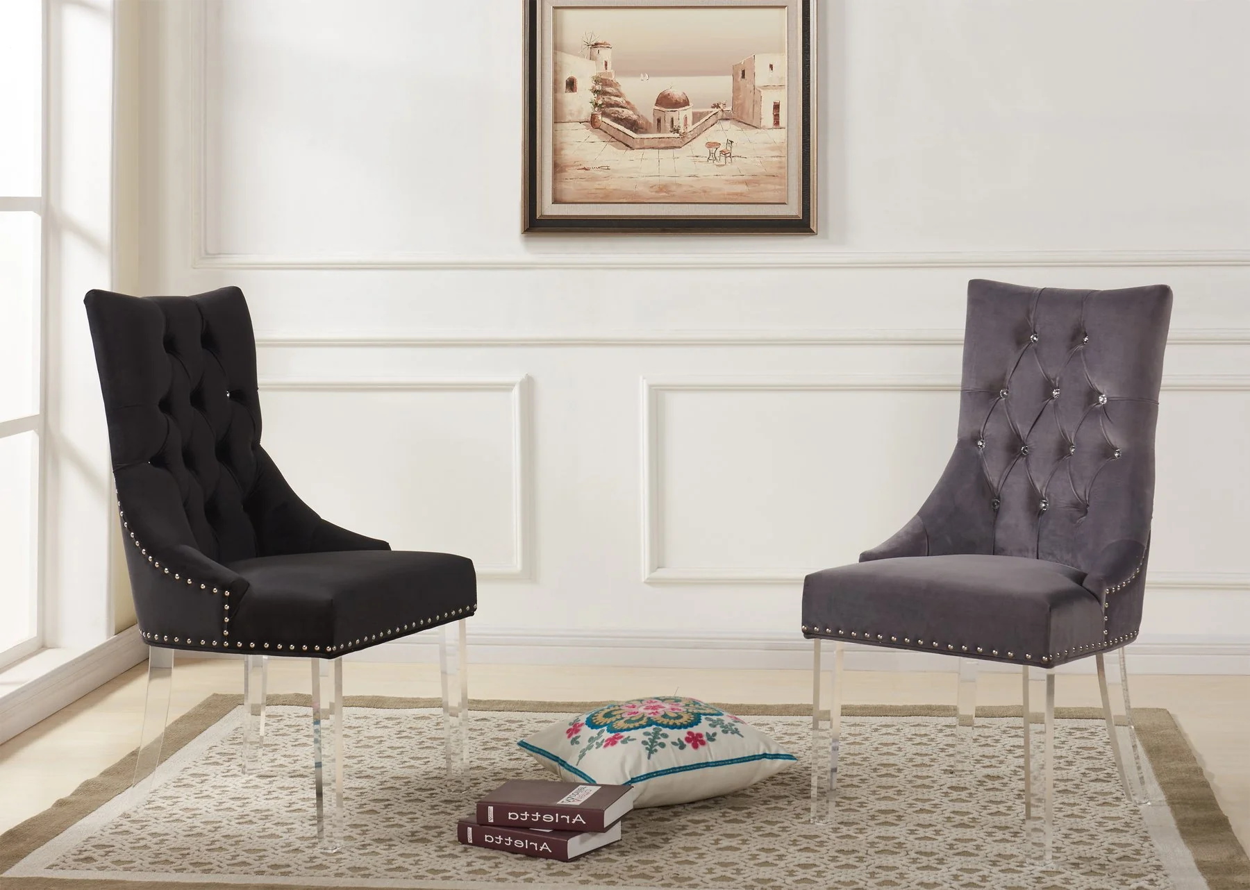 Gobi Modern and Contemporary Tufted Dining Chair in Black Velvet with Acrylic Legs - Image 3