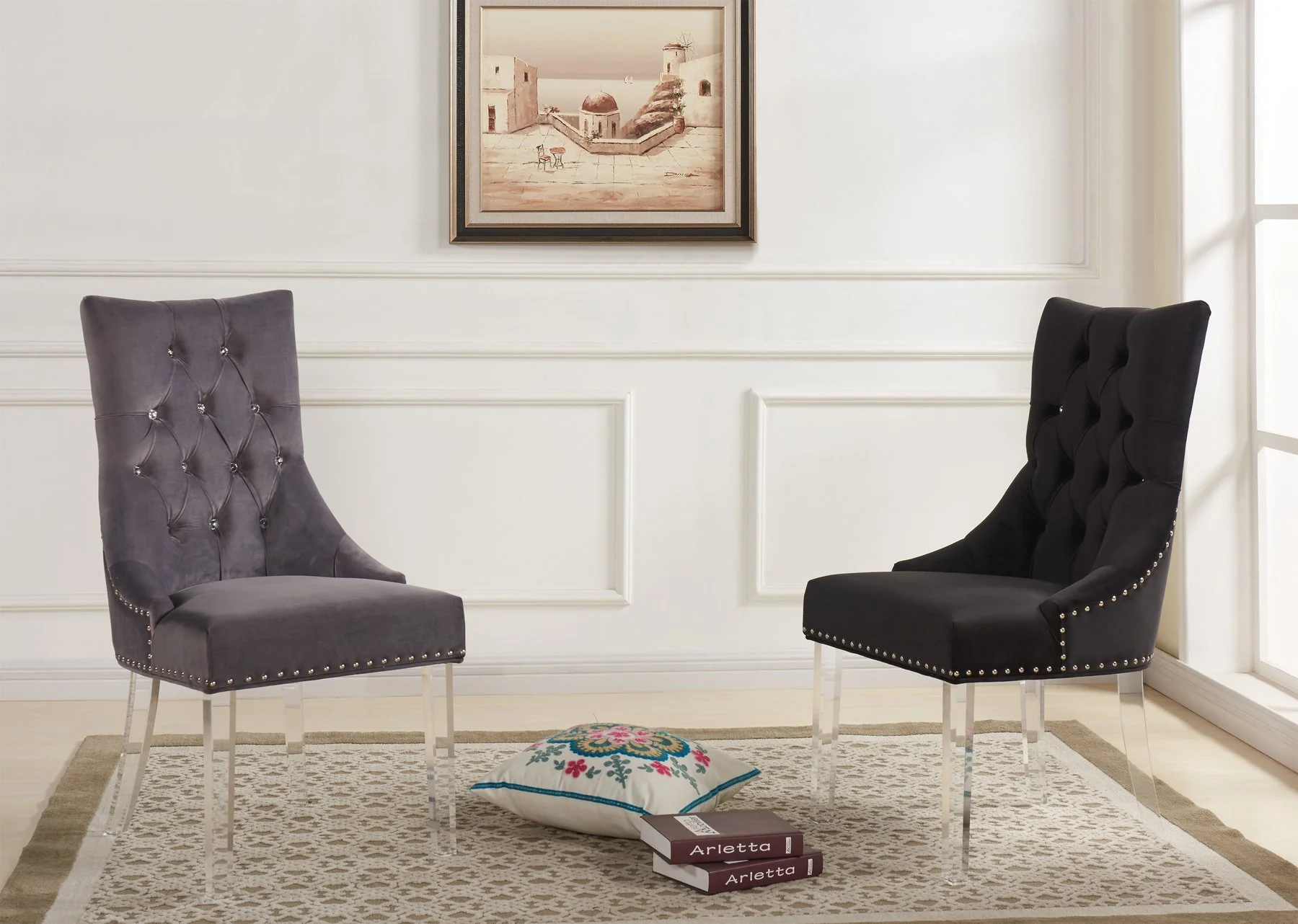 Gobi Modern and Contemporary Tufted Dining Chair in Gray Velvet with Acrylic Legs - Image 3