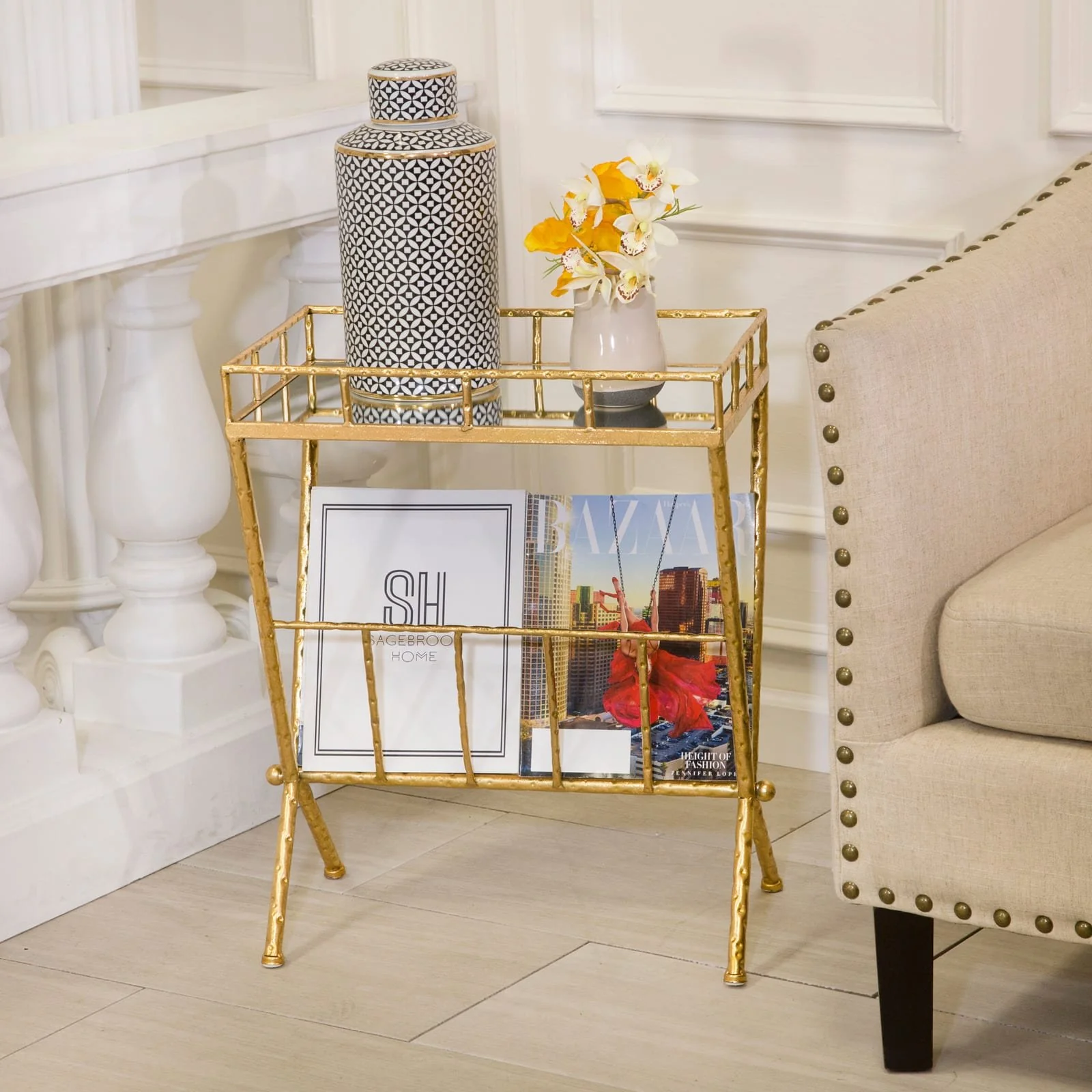 Gold Accent Table, Mirror W/ Magazine - Image 10