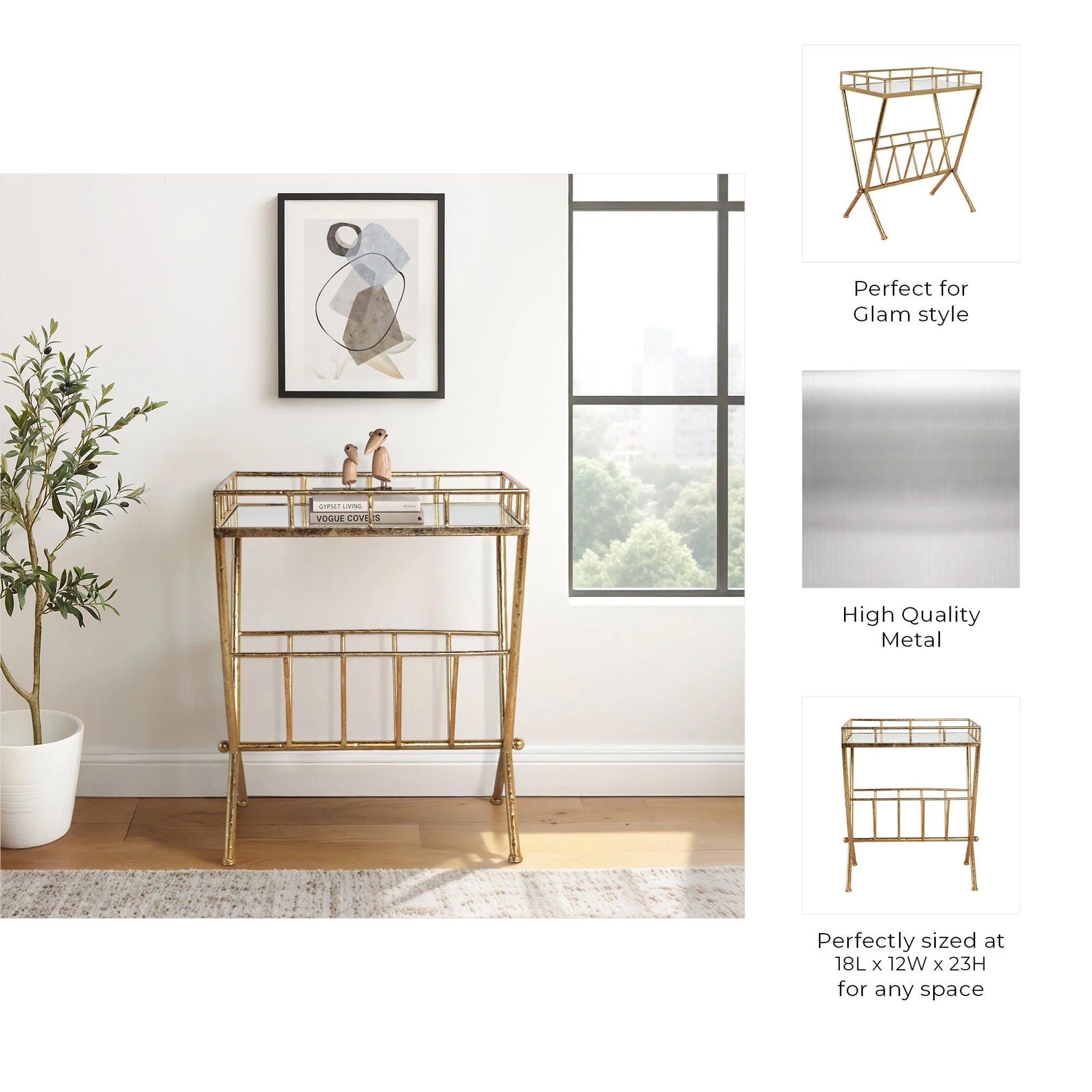 Gold Accent Table, Mirror W/ Magazine - Image 9
