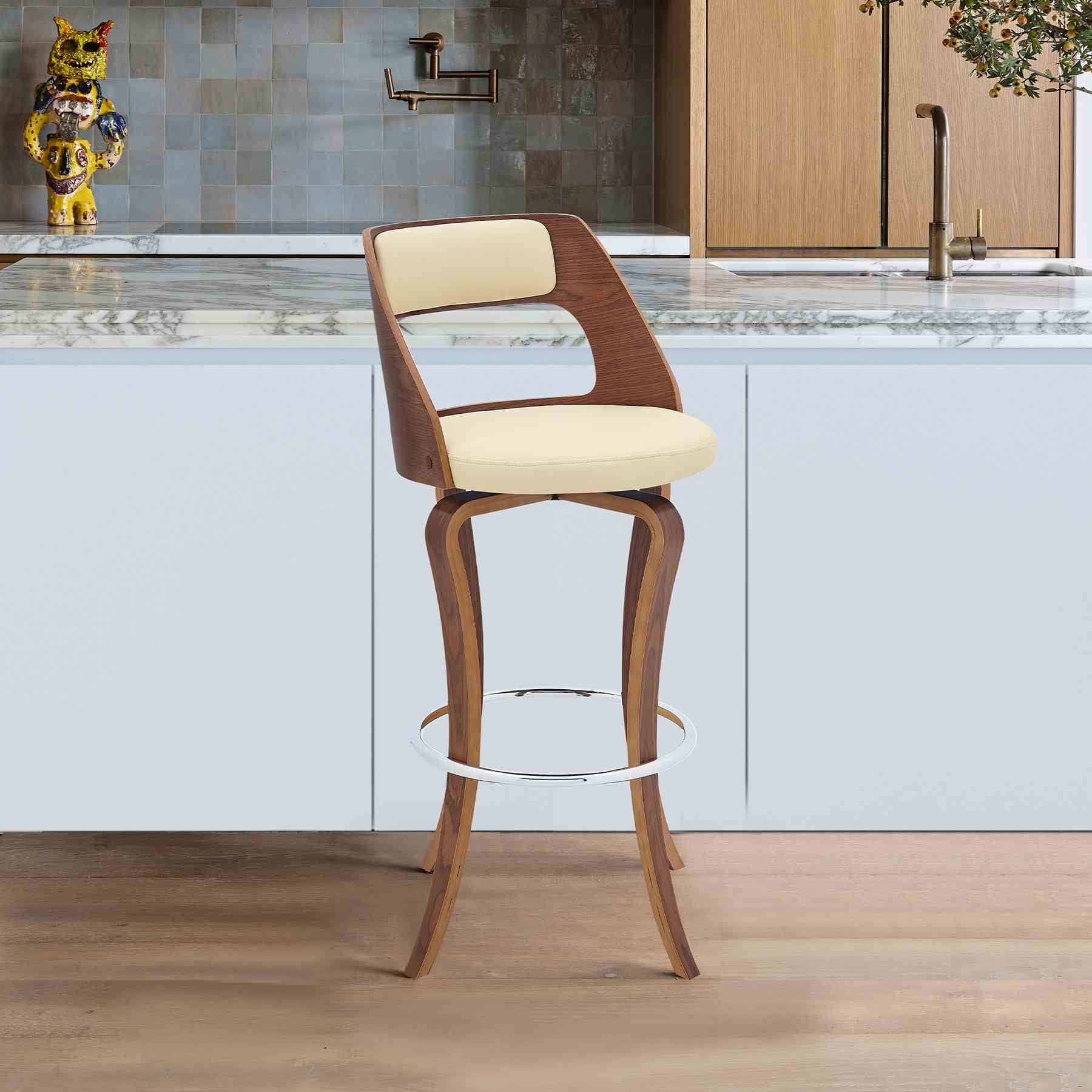 Grady 25" Swivel Cream Faux Leather and Walnut Wood Bar Stool - Image 8
