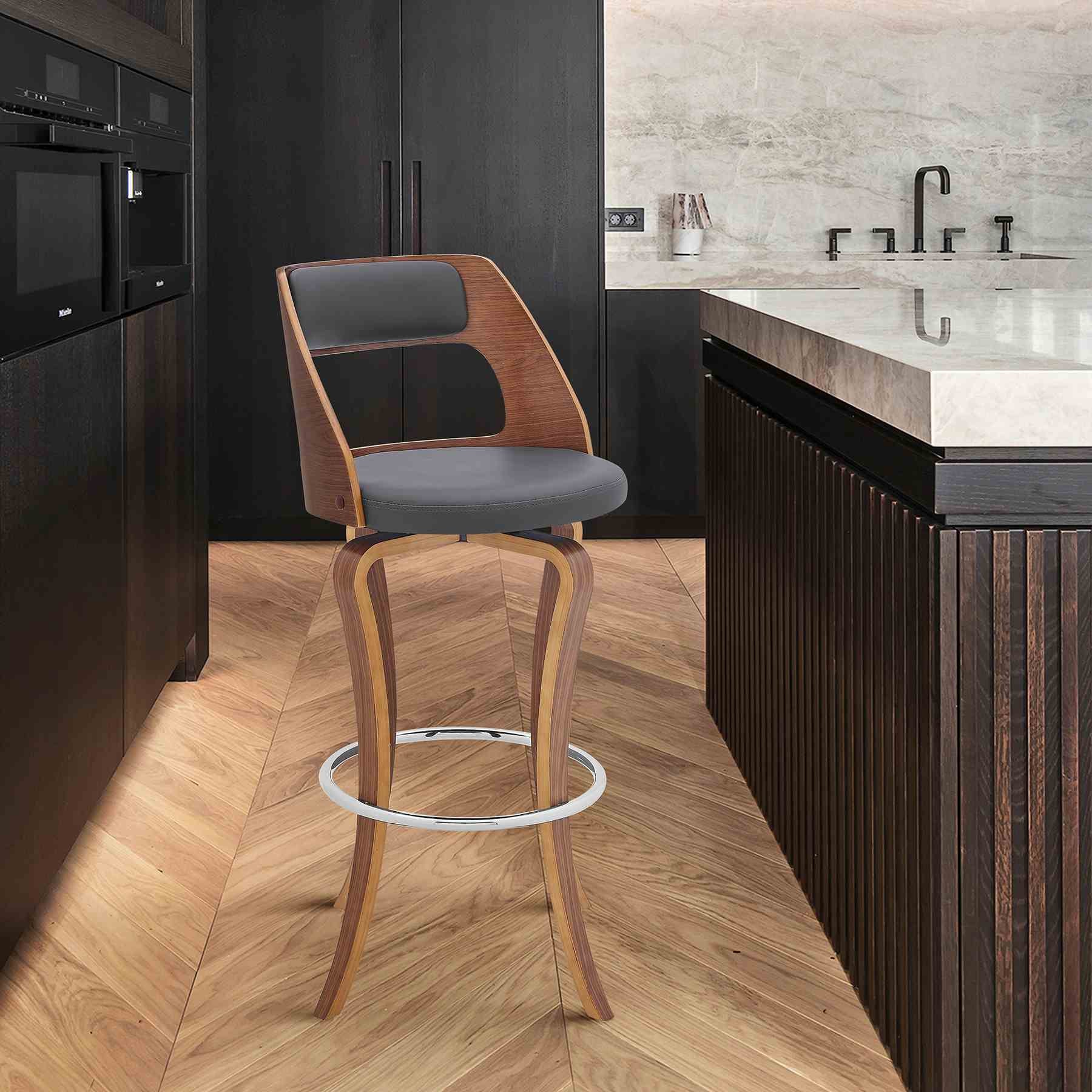 Grady 29" Swivel Gray Faux Leather and Walnut Wood Bar Stool - Image 9