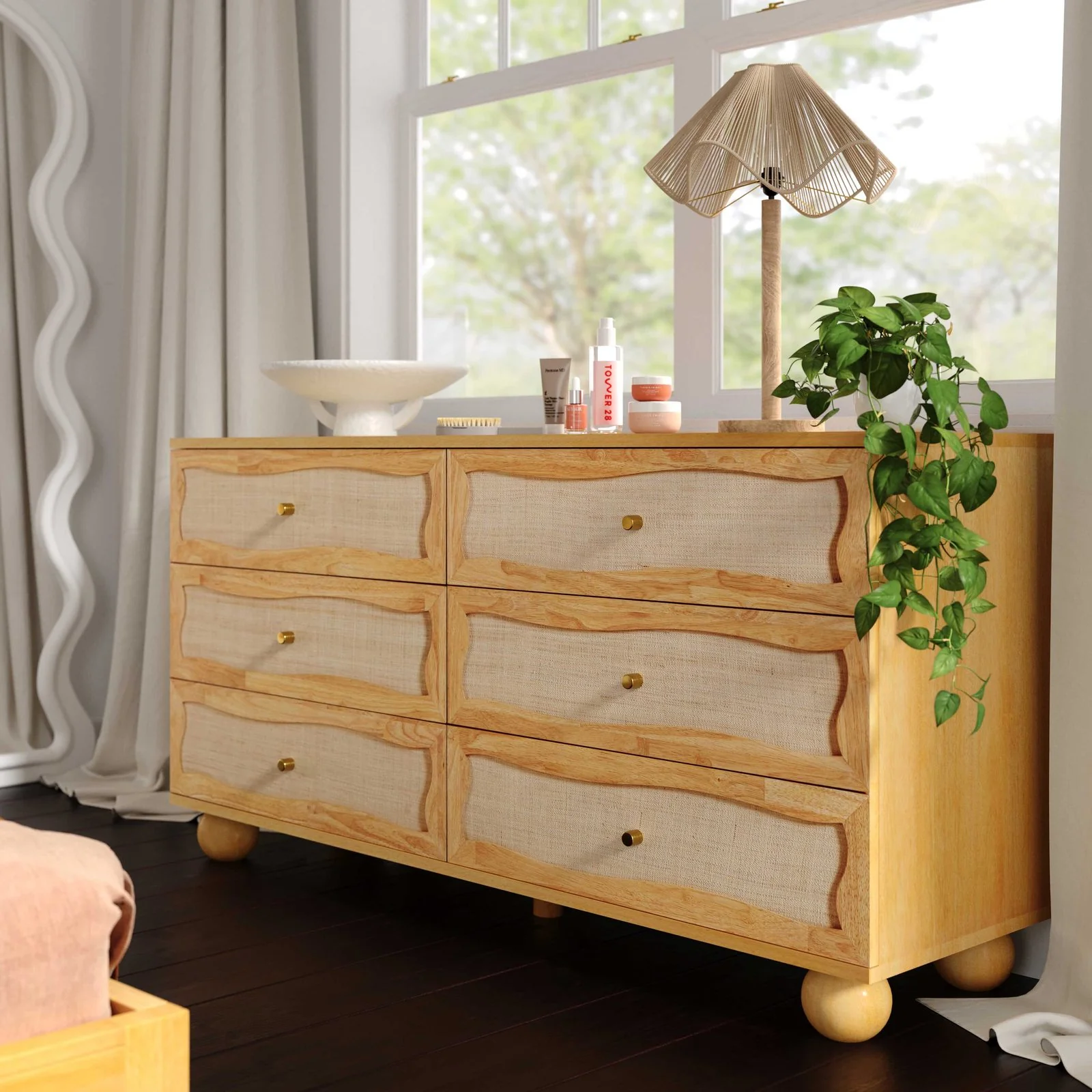 Grappa Natural Wood & Raffia Wavy Dresser - Image 2