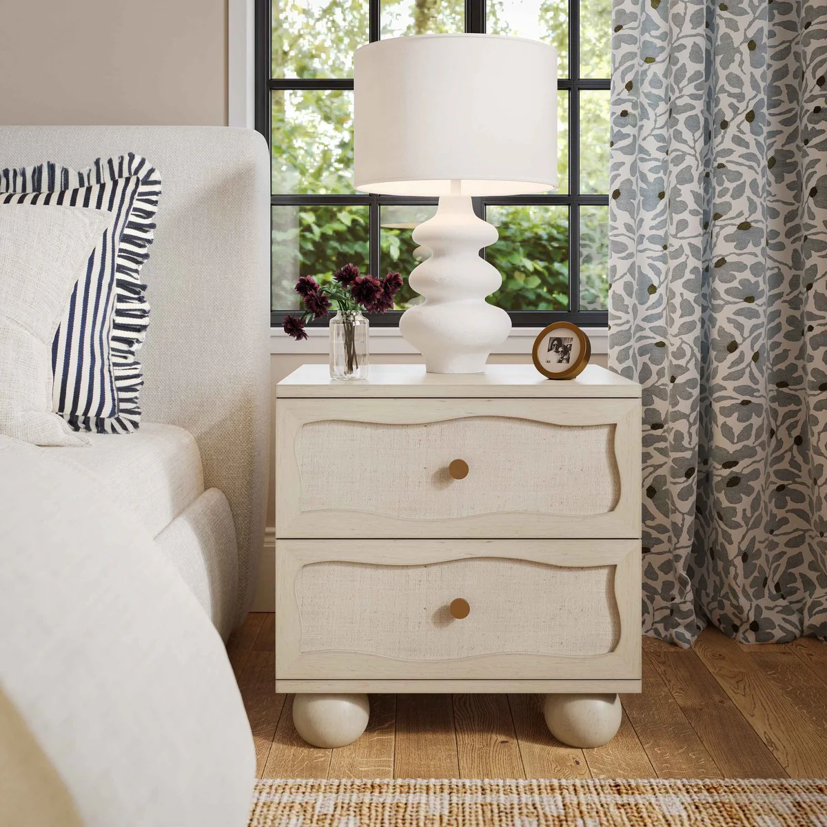 Grappa Whitewashed Wood & Raffia Wavy Nightstand - Image 2