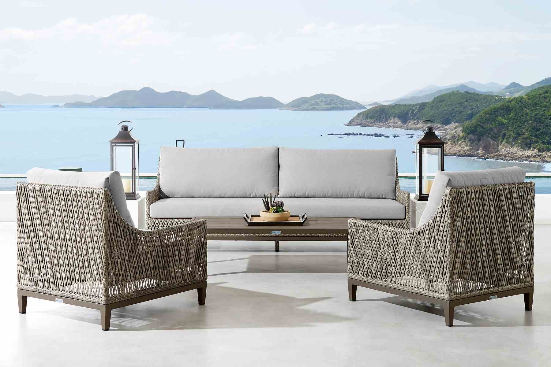 Grenada 4 Piece Outdoor Gray Fabric and Wicker Conversation Set - Image 9