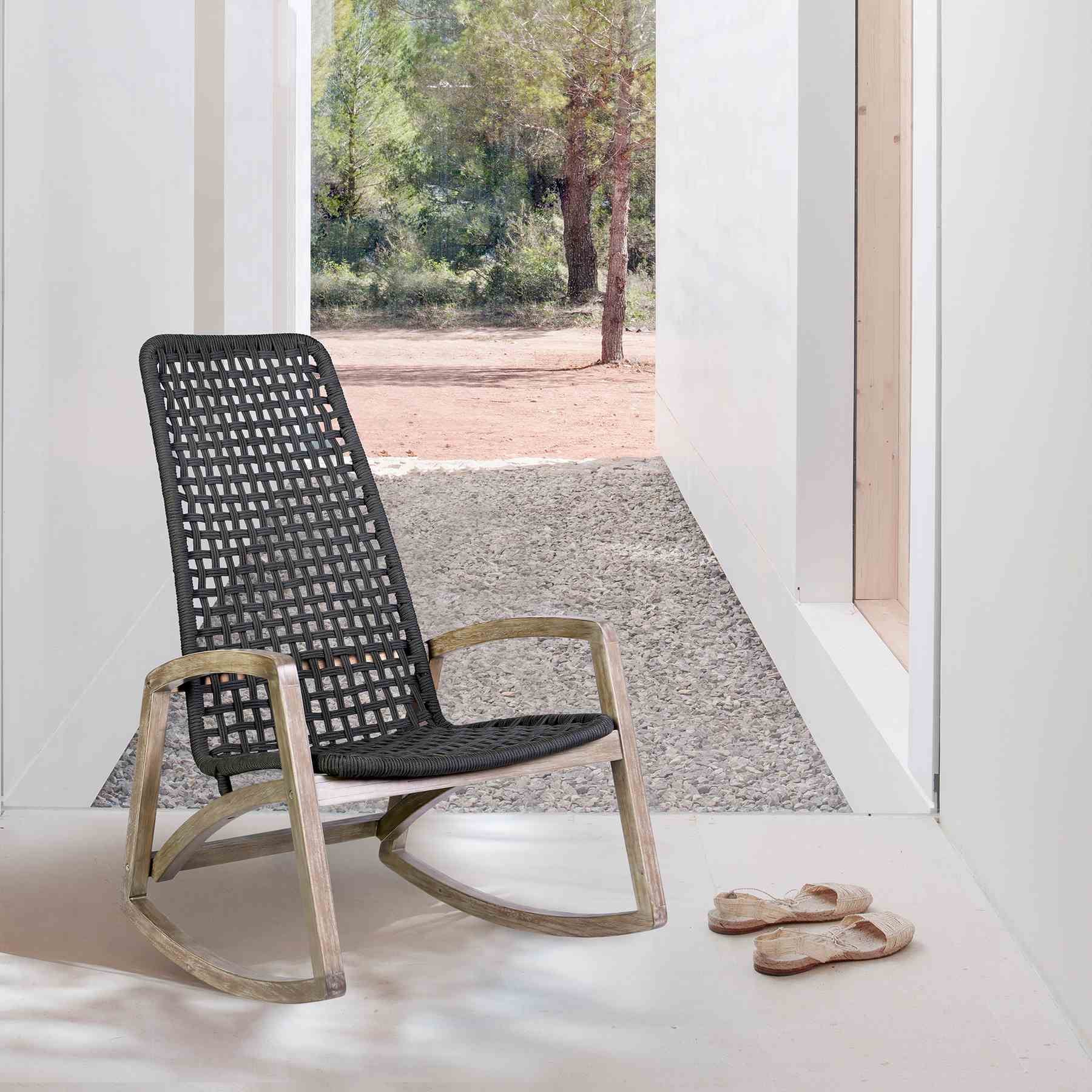 Griffin Outdoor Patio Rocking Chair in Light Eucalyptus Wood and Charcoal Rope - Image 12