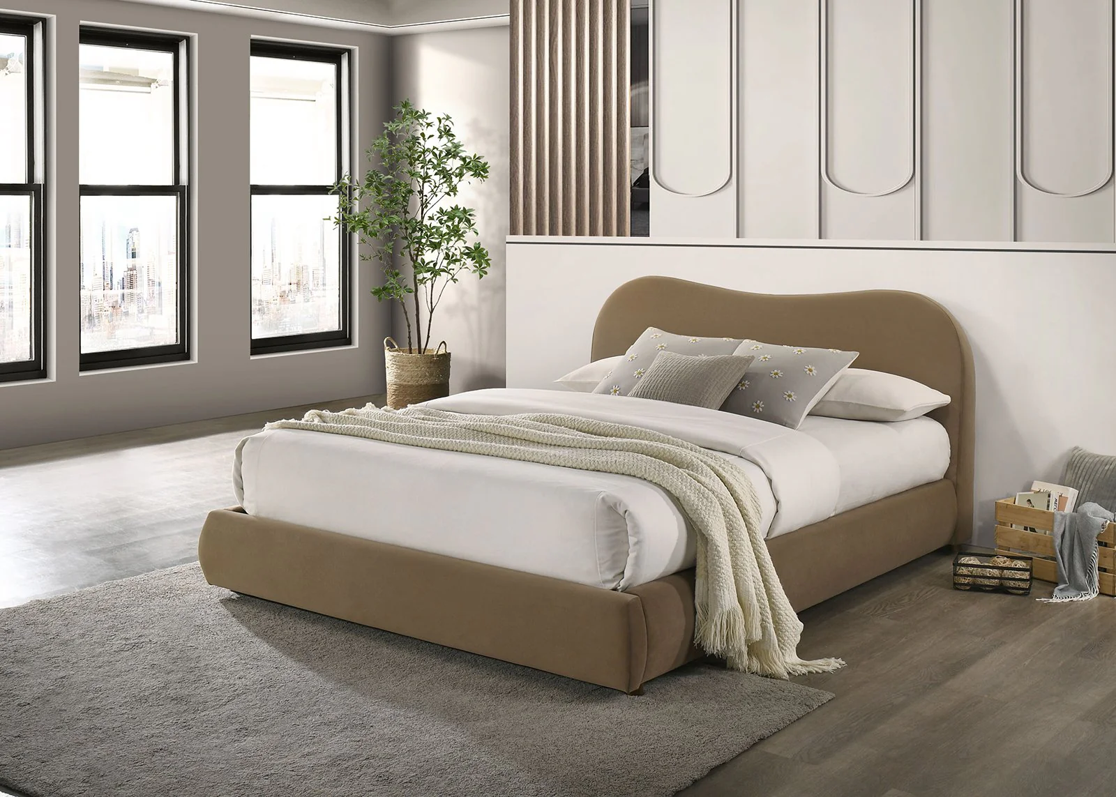 Grimsby Queen Bed, Brown Velvet - Image 3