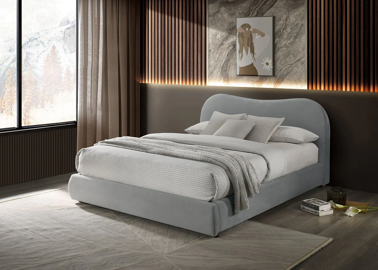 Grimsby Queen Bed, Light Gray Velvet - Image 3