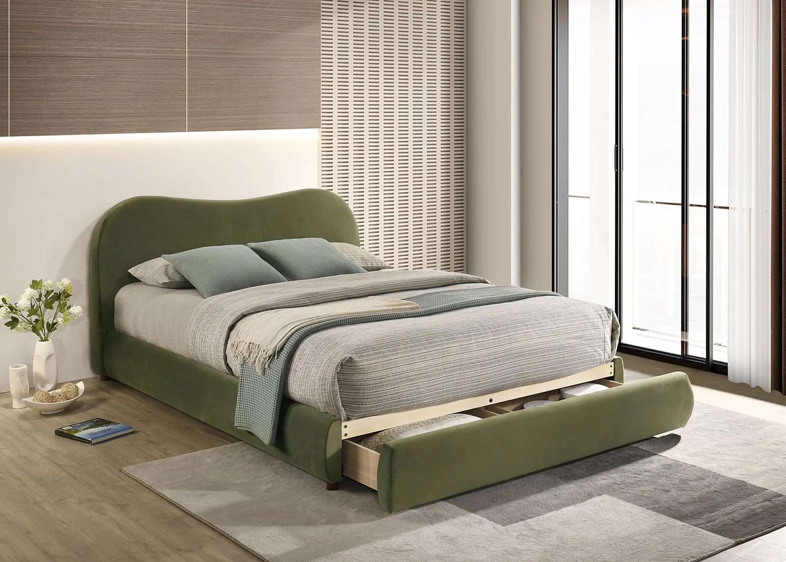 Grimsby Queen Bed, Olive Green Velvet - Image 2