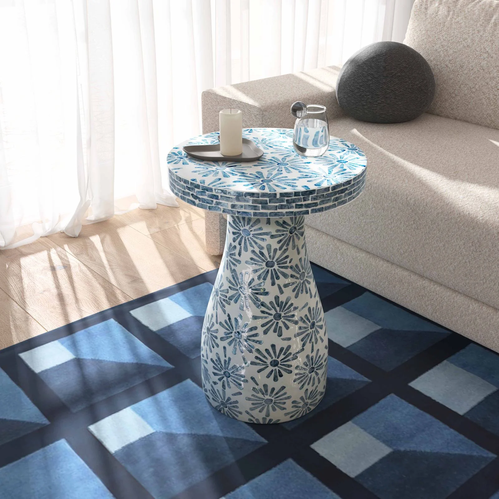 Halio Blue Floral Shell Side Table - Image 2
