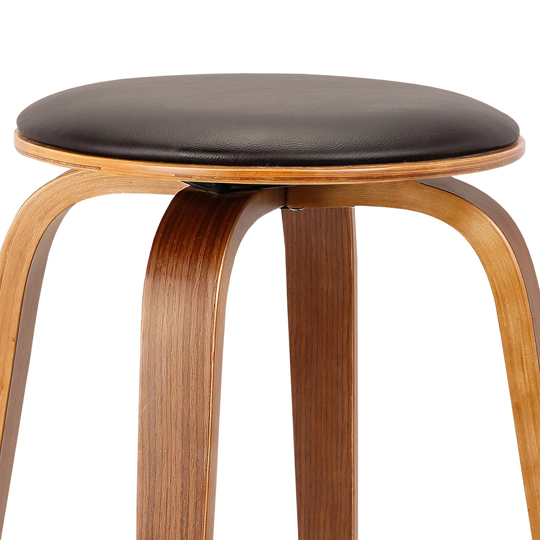 Harbor 26" Counter Height Backless Swivel Brown Faux Leather and Walnut Wood Mid-Century Modern Bar Stool - Image 3