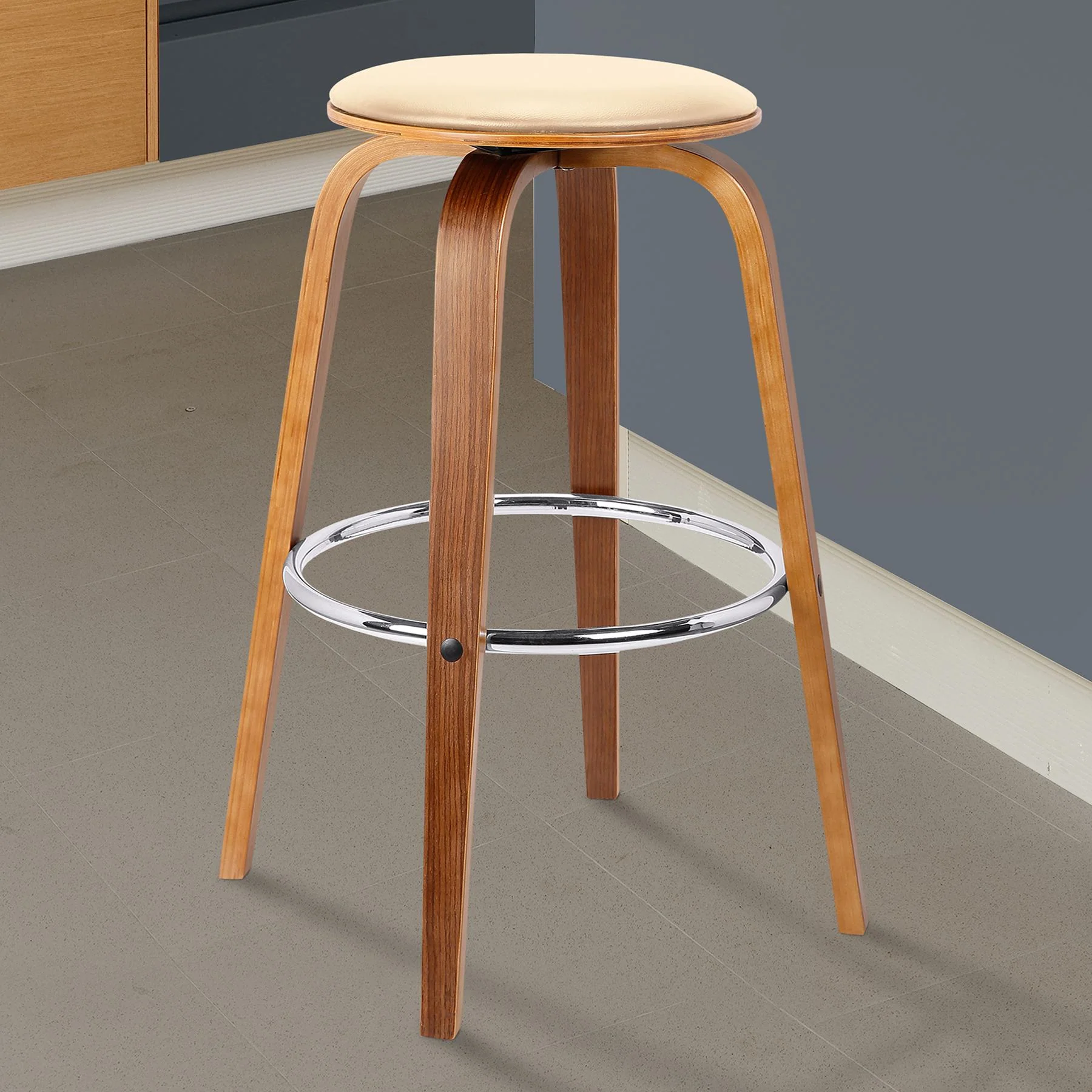 Harbor 26" Counter Height Backless Swivel Cream Faux Leather and Walnut Wood Mid-Century Modern Bar Stool - Image 7