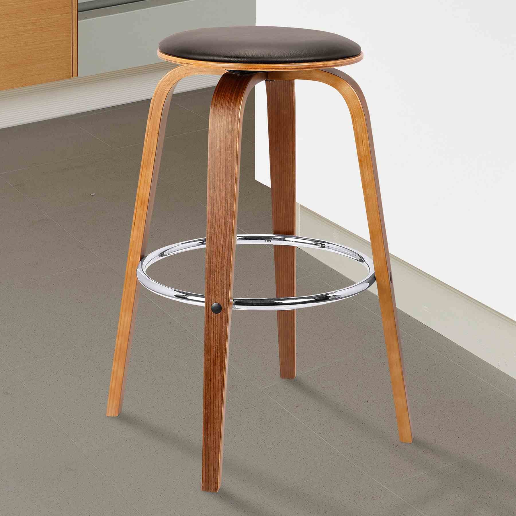 Harbor 30" Bar Height Backless Swivel Brown Faux Leather and Walnut Wood Mid-Century Modern Bar Stool - Image 6