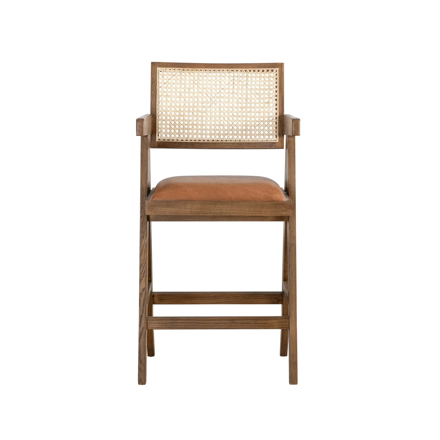 Harley Nutmeg Brown Solid Wood and Rattan Upholstered 26" Counter Height Barstool with Red/Brown Faux Leather Seat - Image 2