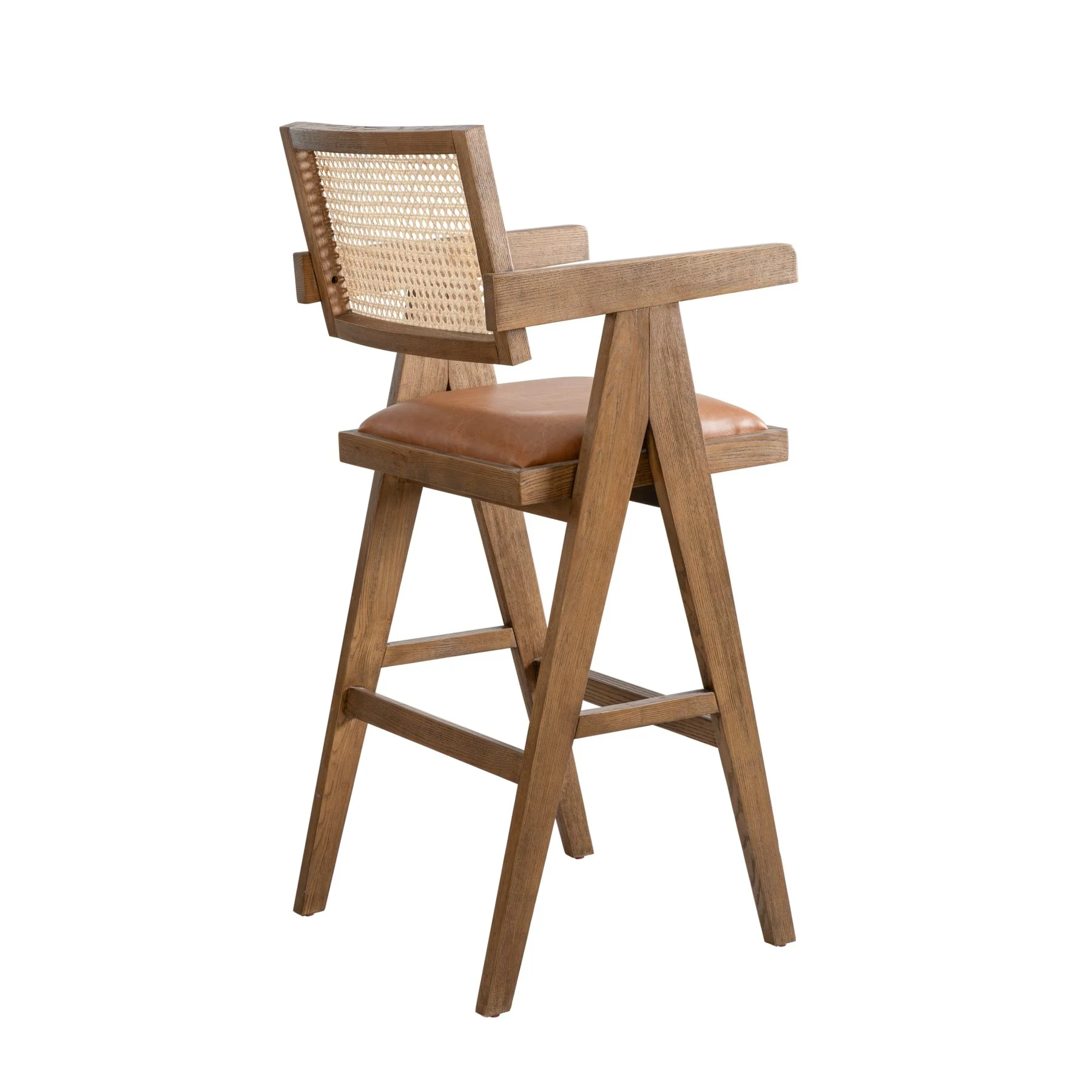 Harley Nutmeg Brown Solid Wood and Rattan Upholstered 30" Bar Height Barstool with Red/Brown Faux Leather Seat - Image 4