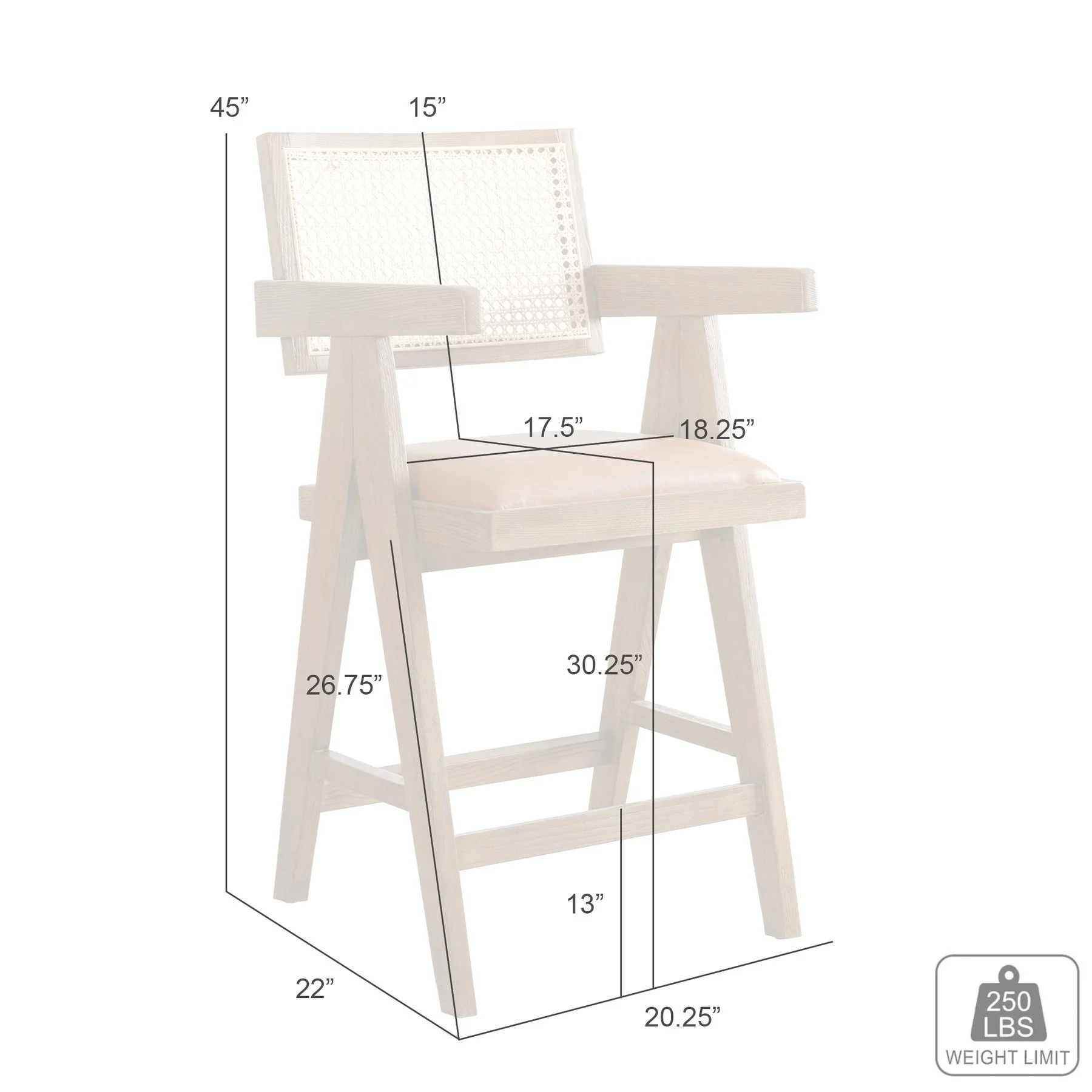 Harley Nutmeg Brown Solid Wood and Rattan Upholstered 30" Bar Height Barstool with Red/Brown Faux Leather Seat - Image 7