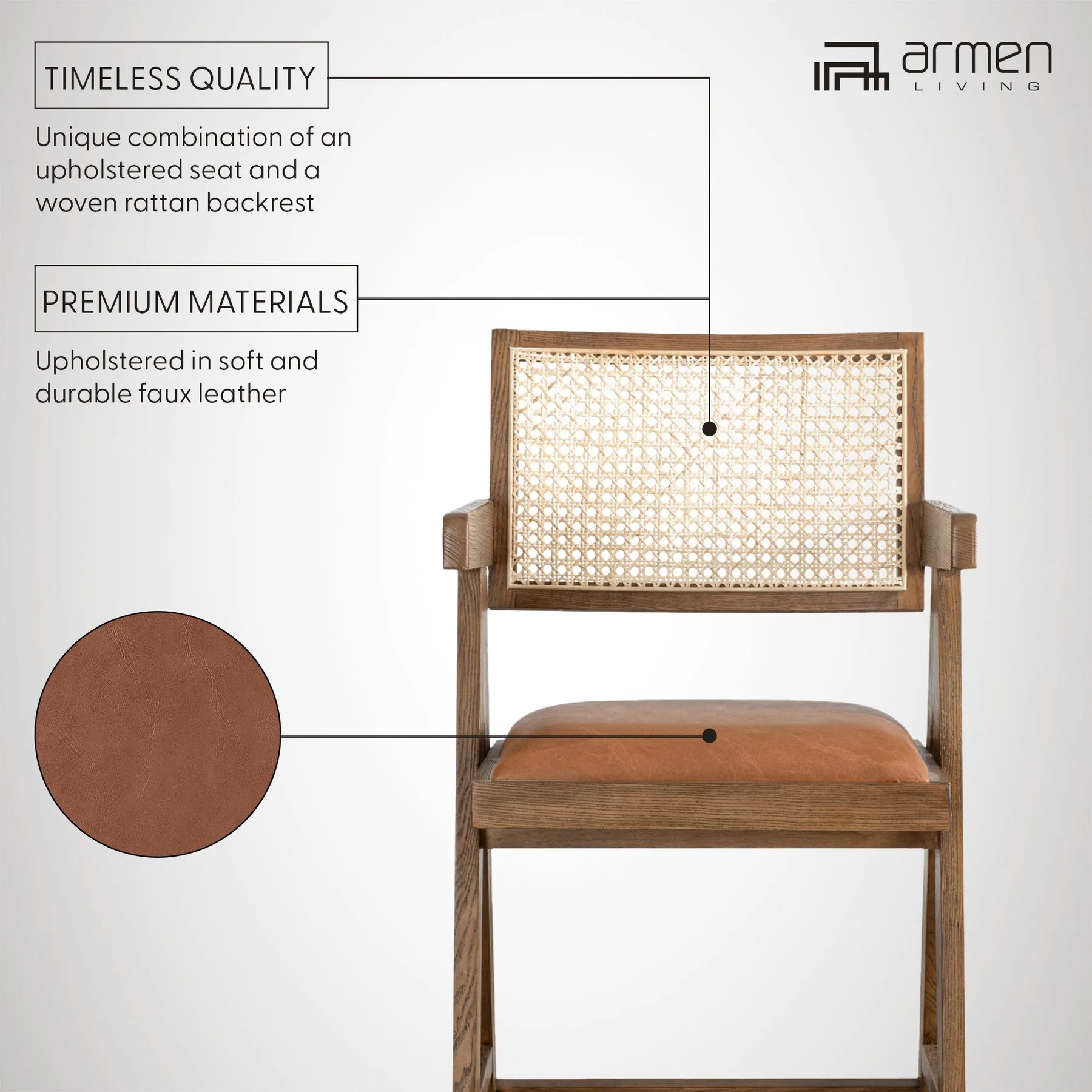 Harley Nutmeg Brown Solid Wood and Rattan Upholstered 30" Bar Height Barstool with Red/Brown Faux Leather Seat - Image 9