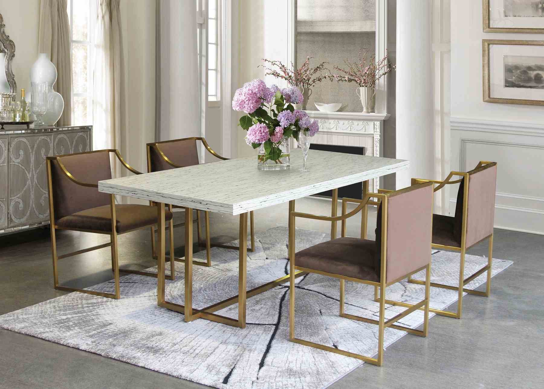 Harmony Contemporary Dining Table in Brushed Gold Finish and Ash Veneer Top - Image 5