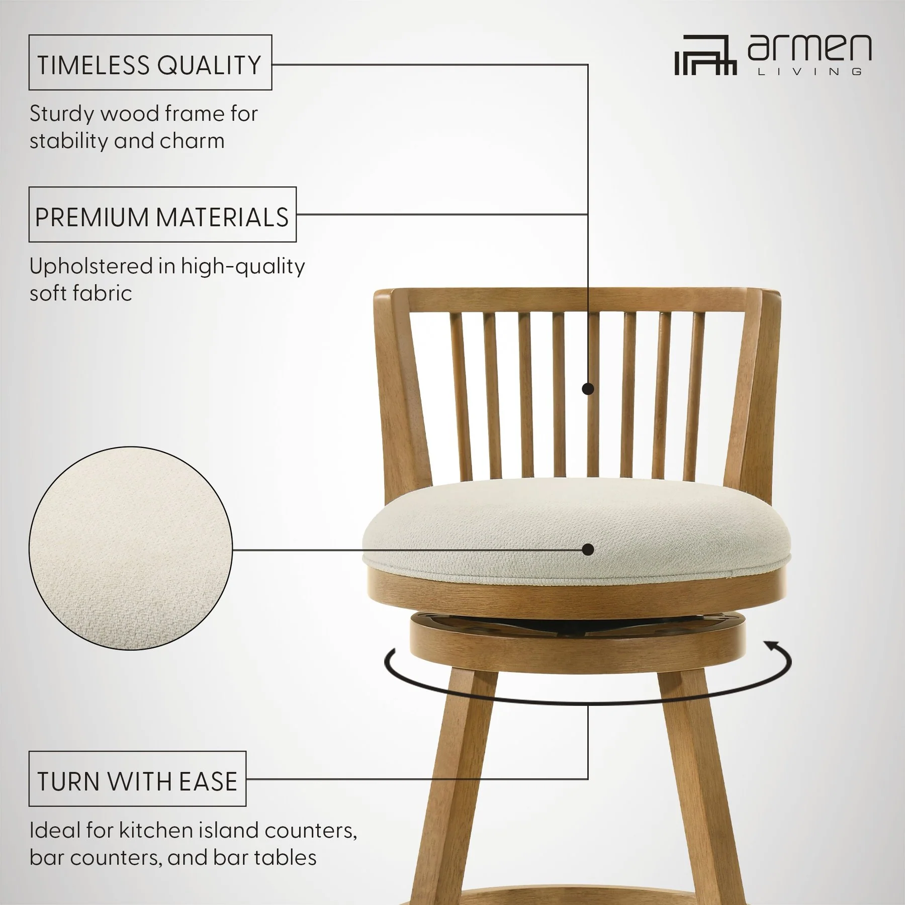 Harper 26 in. Amber Glow Counter Height Rubberwood Swivel Barstool with Ivory Fabric Seat - Image 12