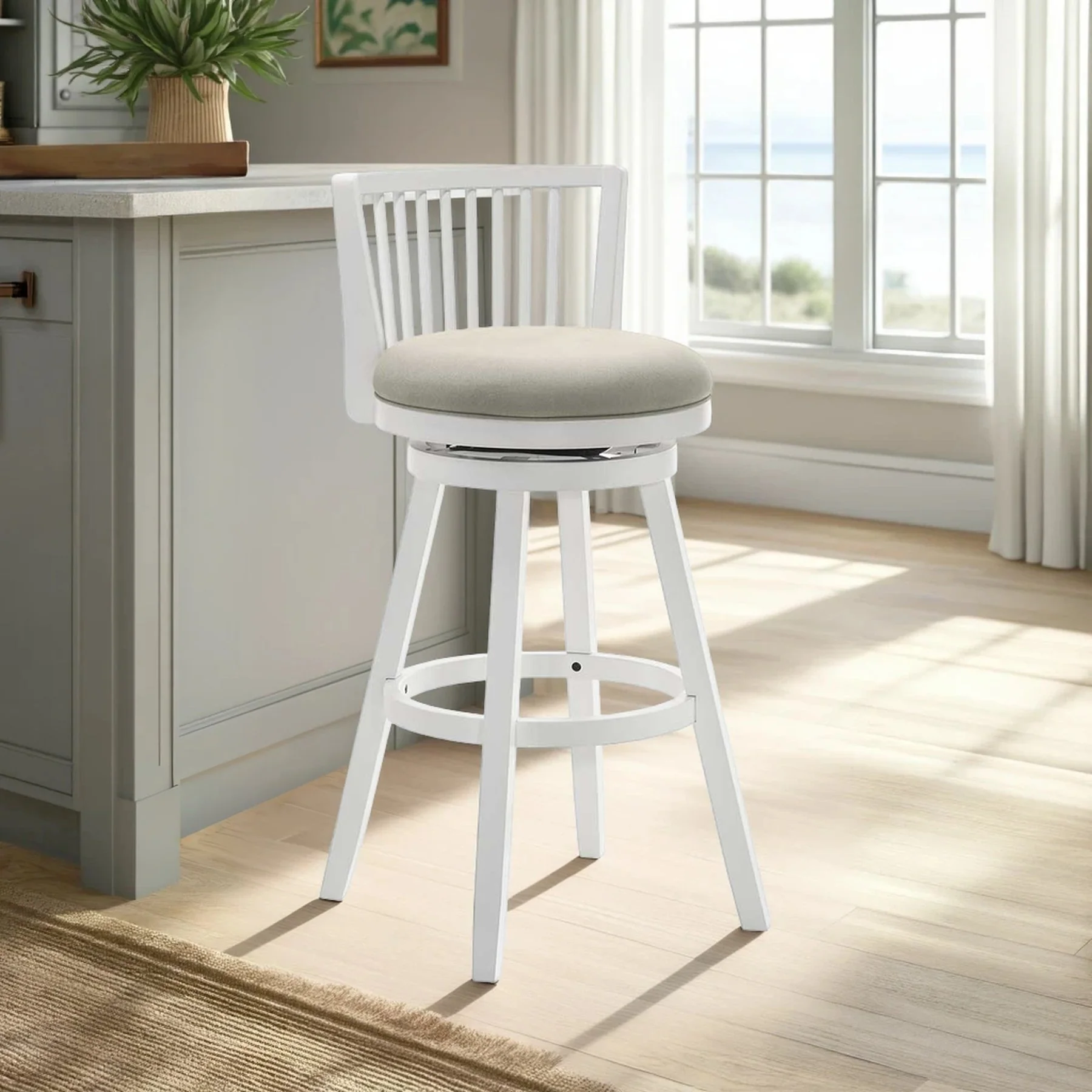 Harper 26 in. Matte White Counter Height Rubberwood Swivel Barstool with Fog Fabric Seat - Image 10