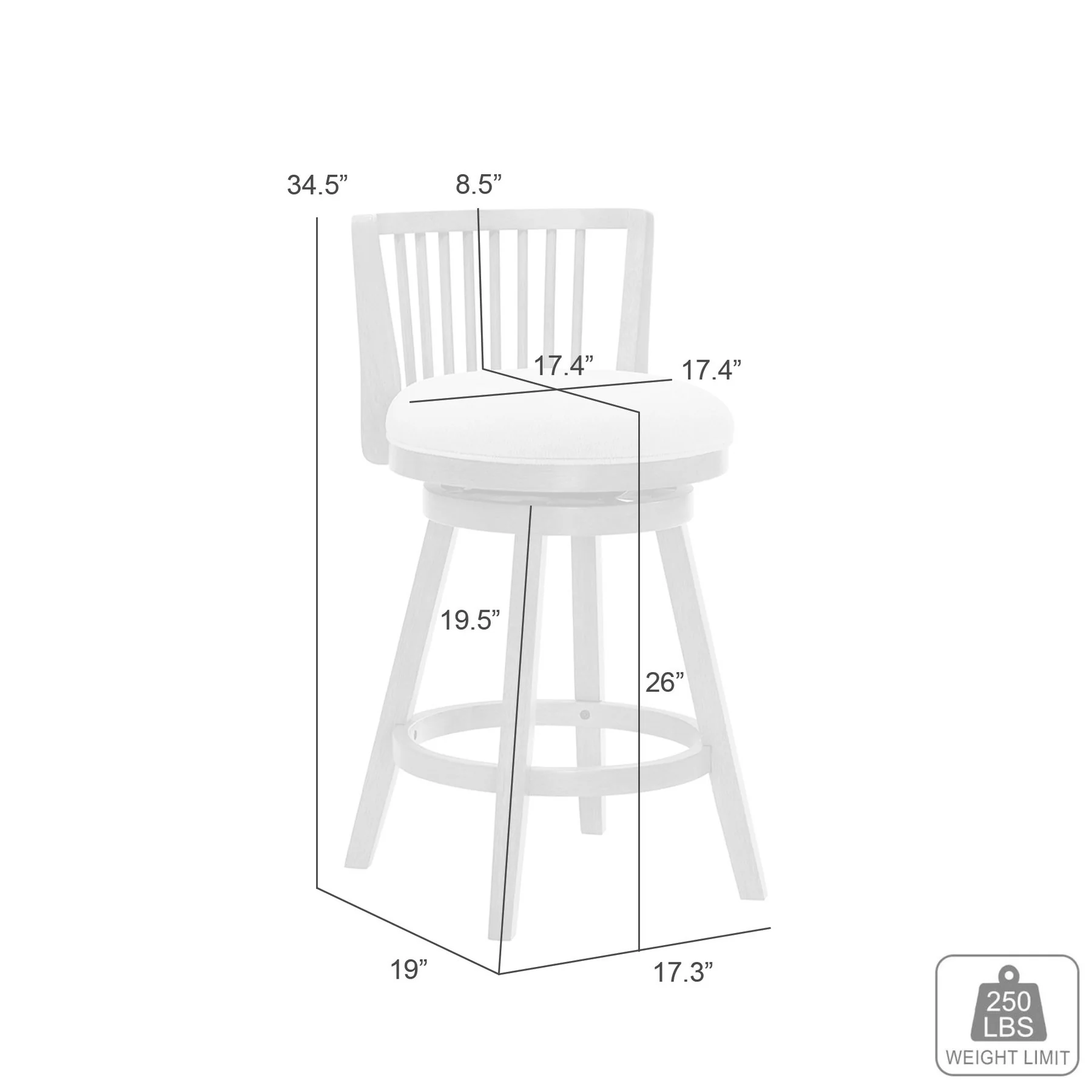 Harper 26 in. Matte White Counter Height Rubberwood Swivel Barstool with Fog Fabric Seat - Image 9