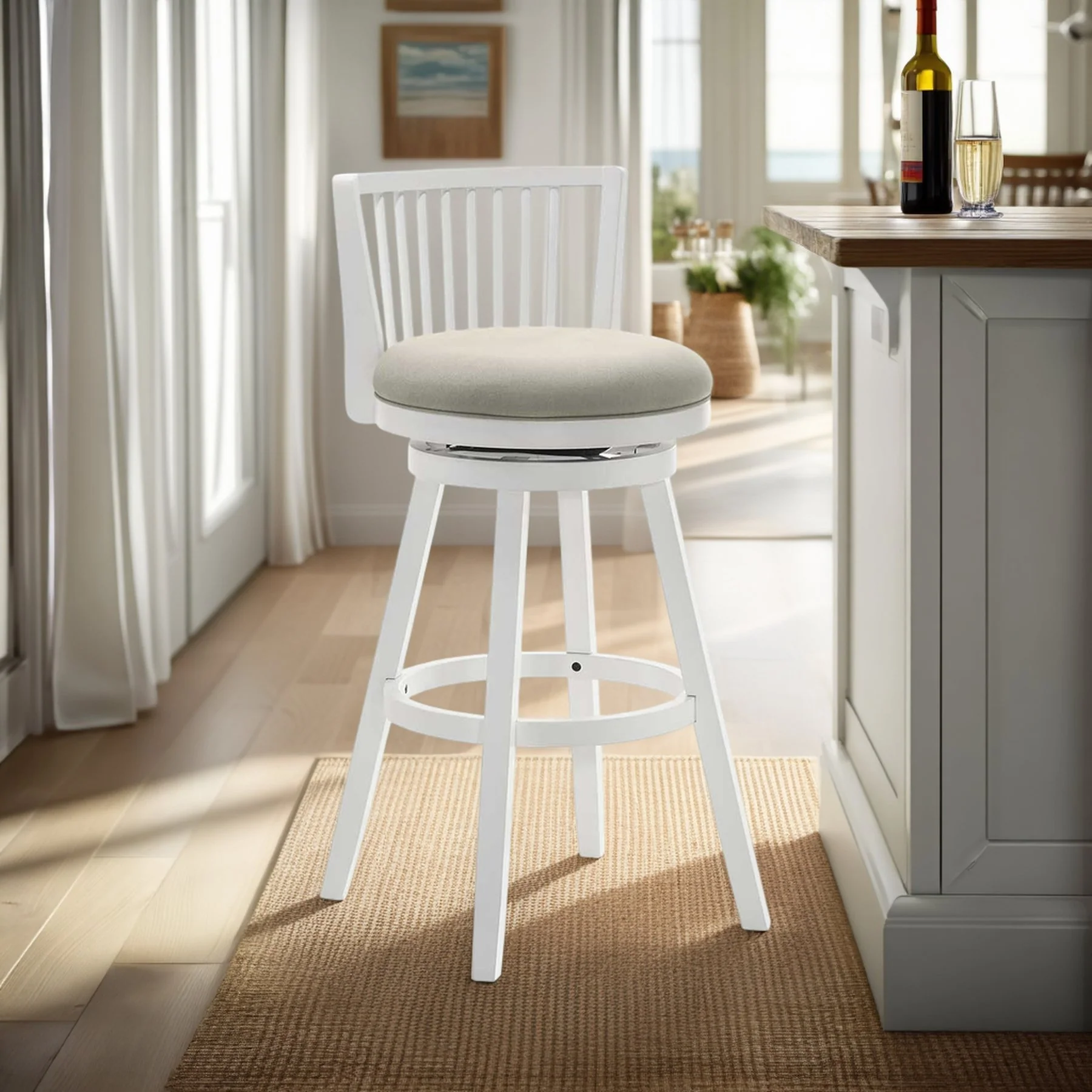 Harper 30 in. Matte White Bar Height Rubberwood Swivel Barstool with Fog Fabric Seat - Image 10