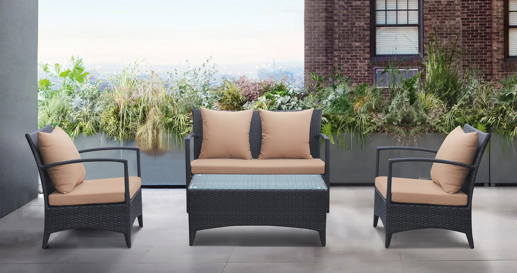 Havana 4 piece Outdoor Wicker Patio Set with Brown Fabric Cushions and Tempered Glass Top - Image 9