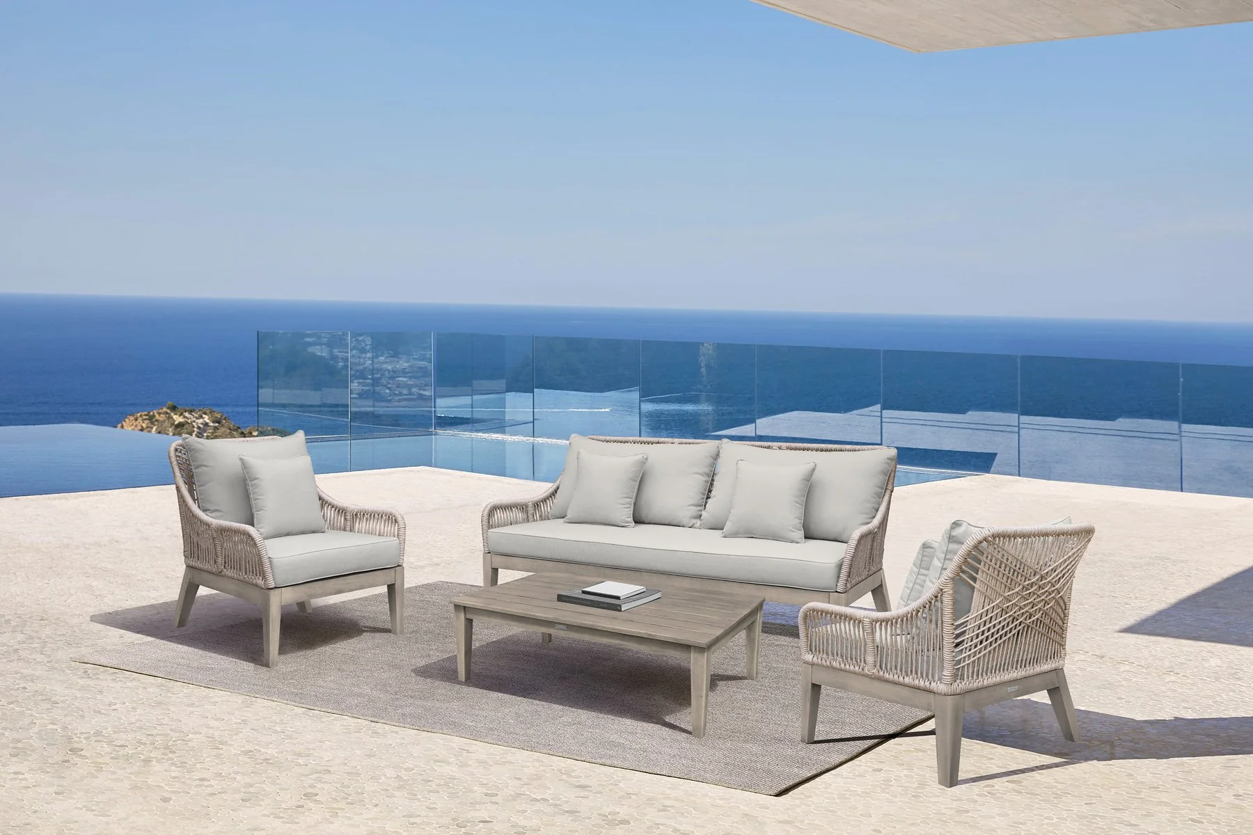 Hawaii 4 Piece Outdoor Patio Furniture Set in Acacia Wood and Rope with Gray Cushions - Image 12
