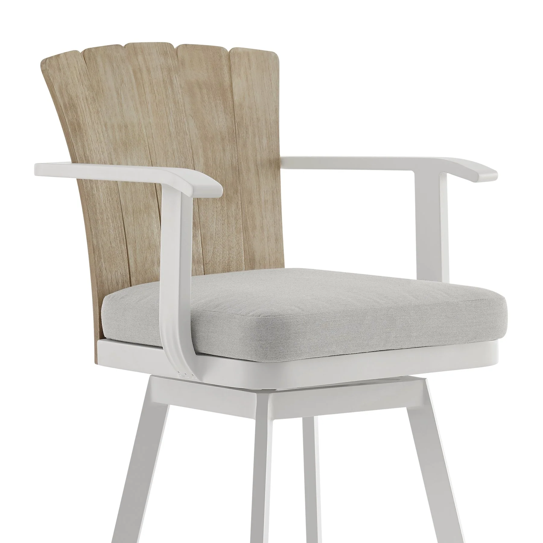 Hazel Outdoor Patio Swivel Bar Stool in Aluminum with Teak Wood and Argent Gray Cushion - Image 4