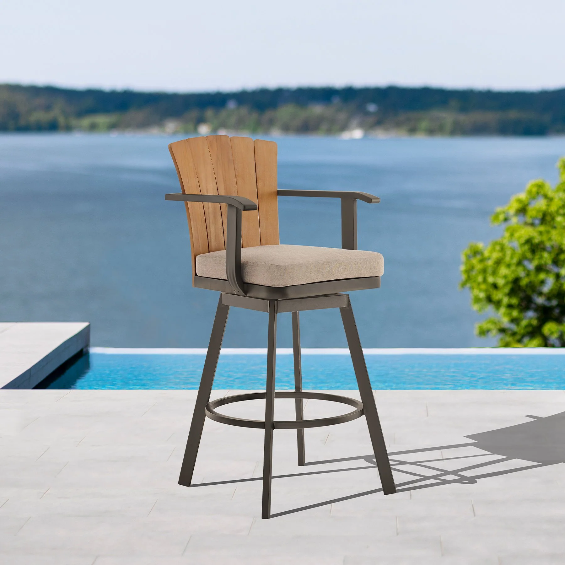 Hazel Outdoor Patio Swivel Bar Stool in Aluminum with Teak Wood and Brown Cushion - Image 10