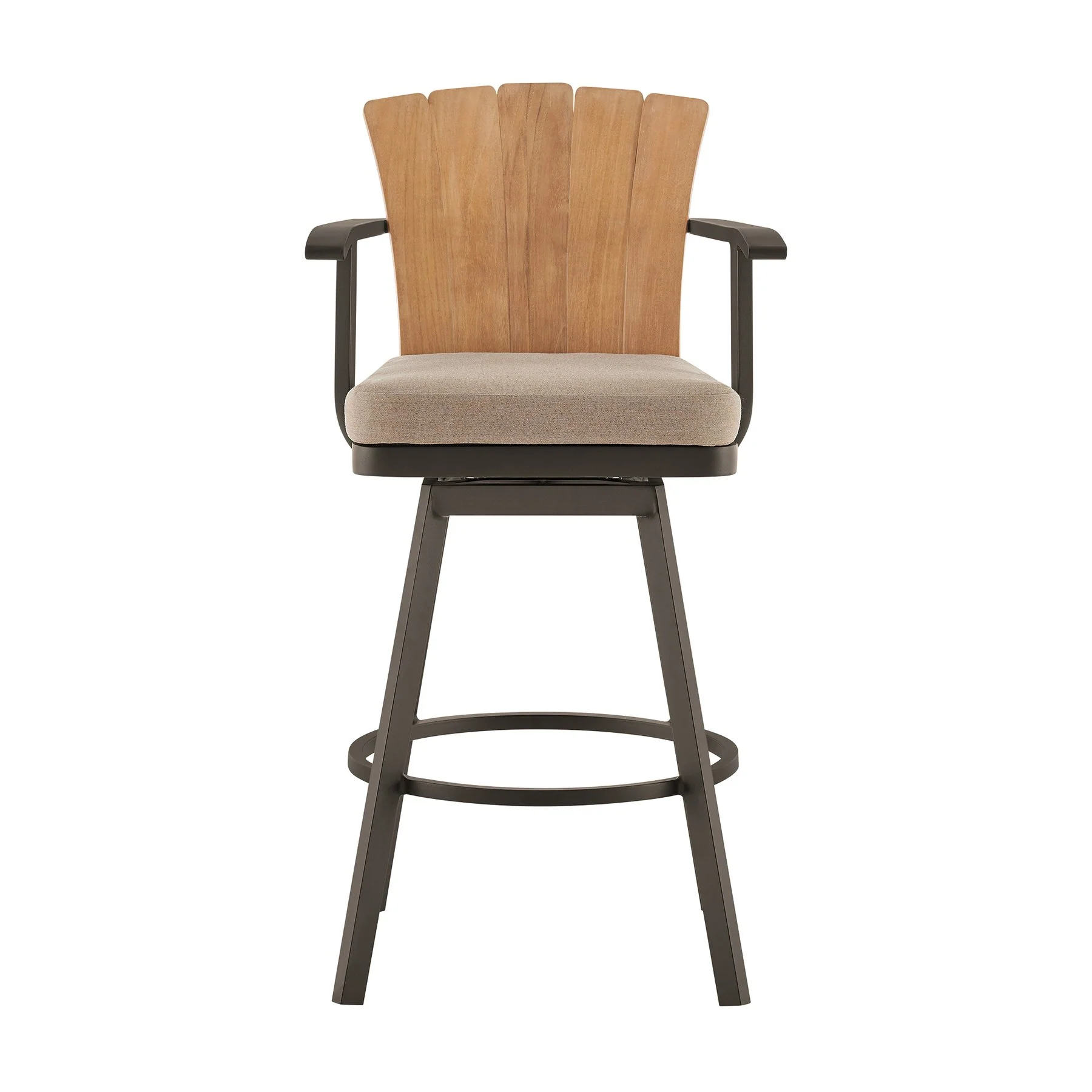 Hazel Outdoor Patio Swivel Bar Stool in Aluminum with Teak Wood and Brown Cushion - Image 2