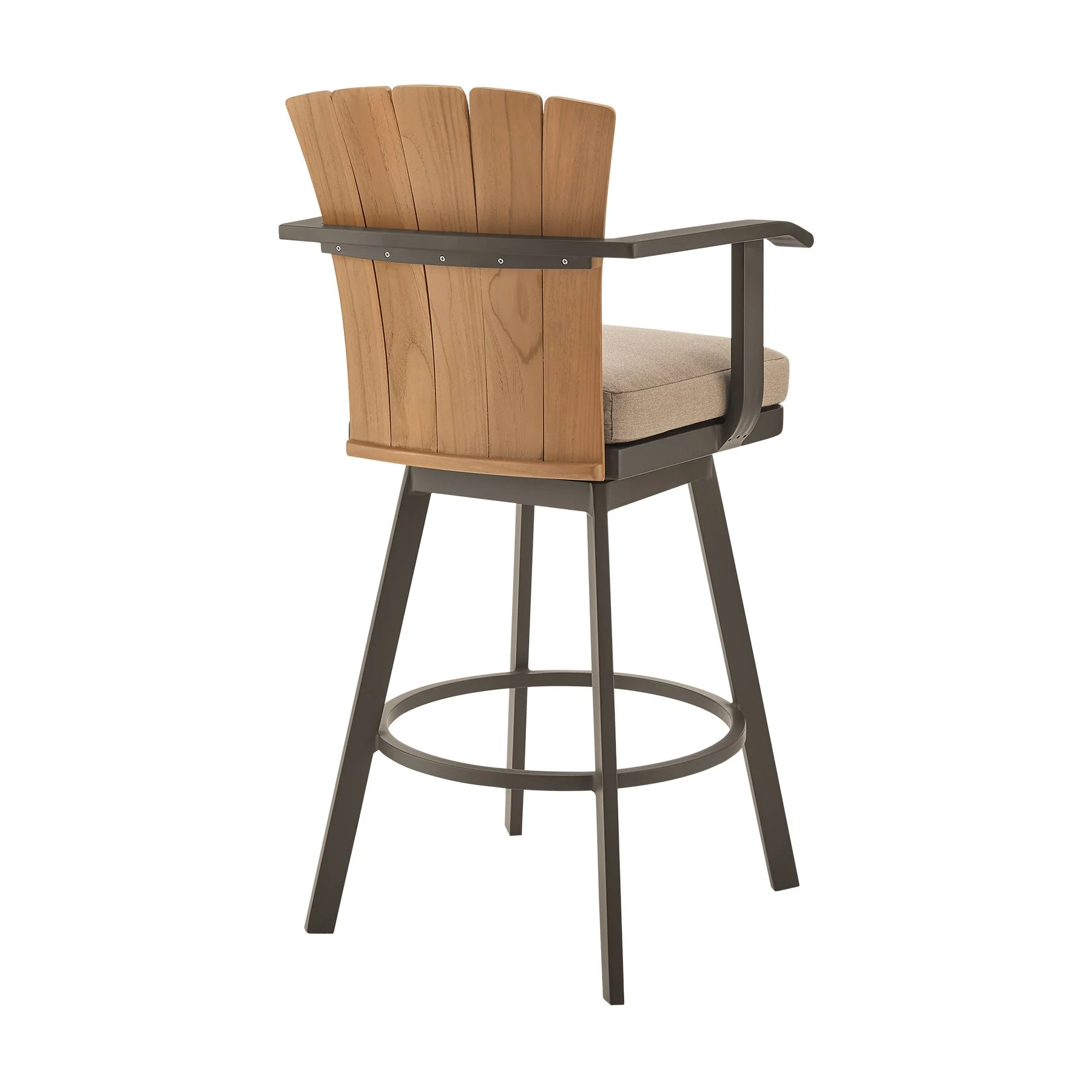 Hazel Outdoor Patio Swivel Bar Stool in Aluminum with Teak Wood and Brown Cushion - Image 3