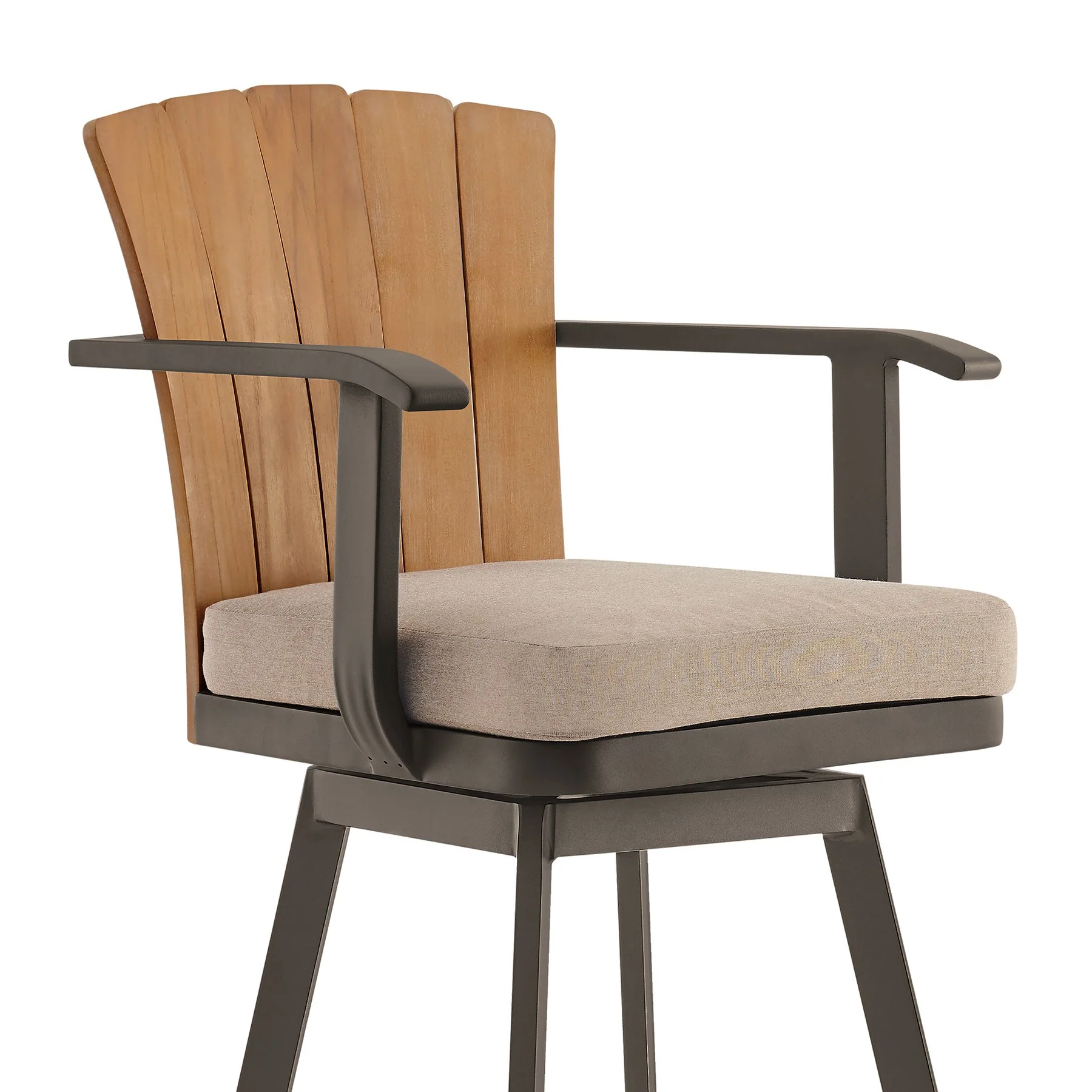 Hazel Outdoor Patio Swivel Bar Stool in Aluminum with Teak Wood and Brown Cushion - Image 4