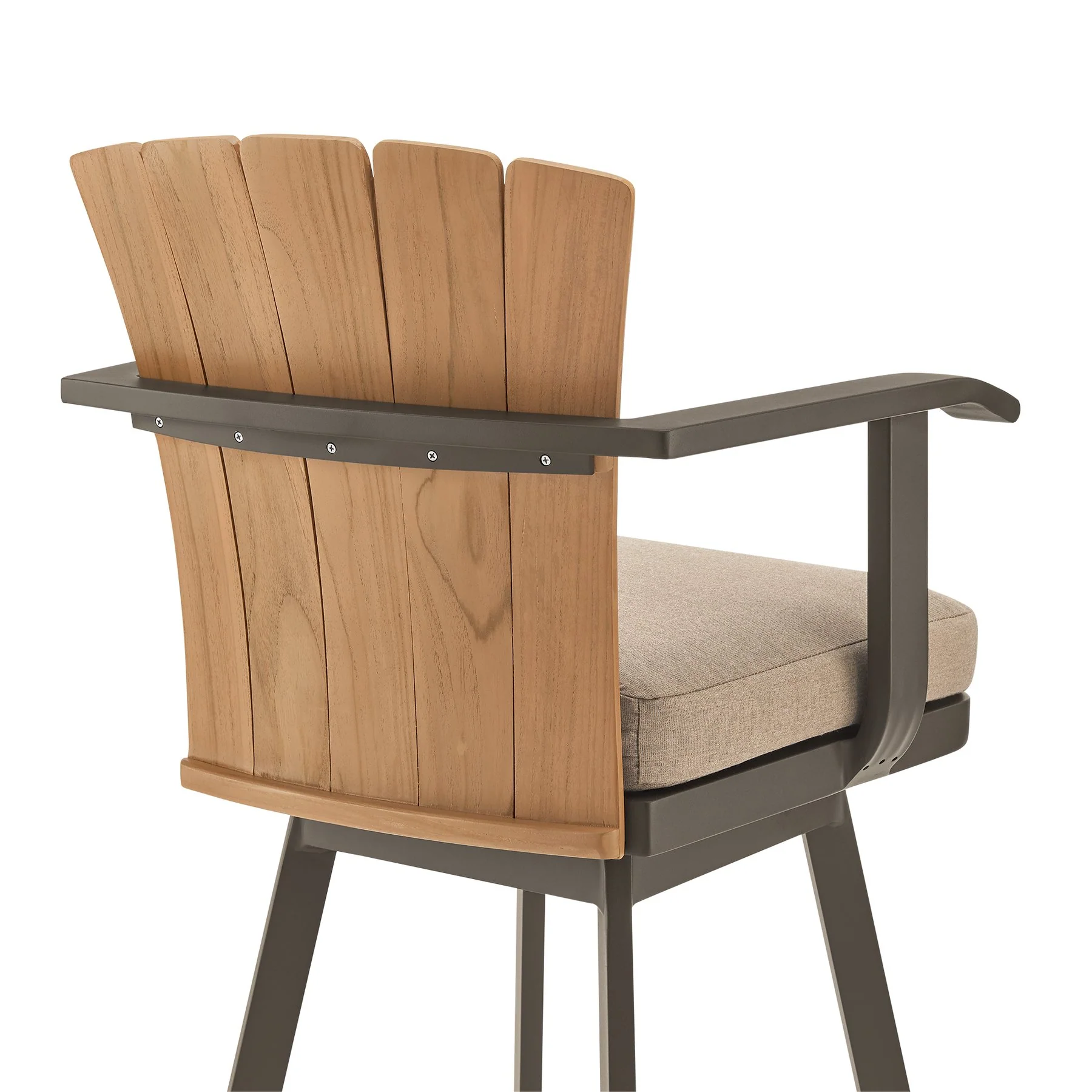 Hazel Outdoor Patio Swivel Bar Stool in Aluminum with Teak Wood and Brown Cushion - Image 5