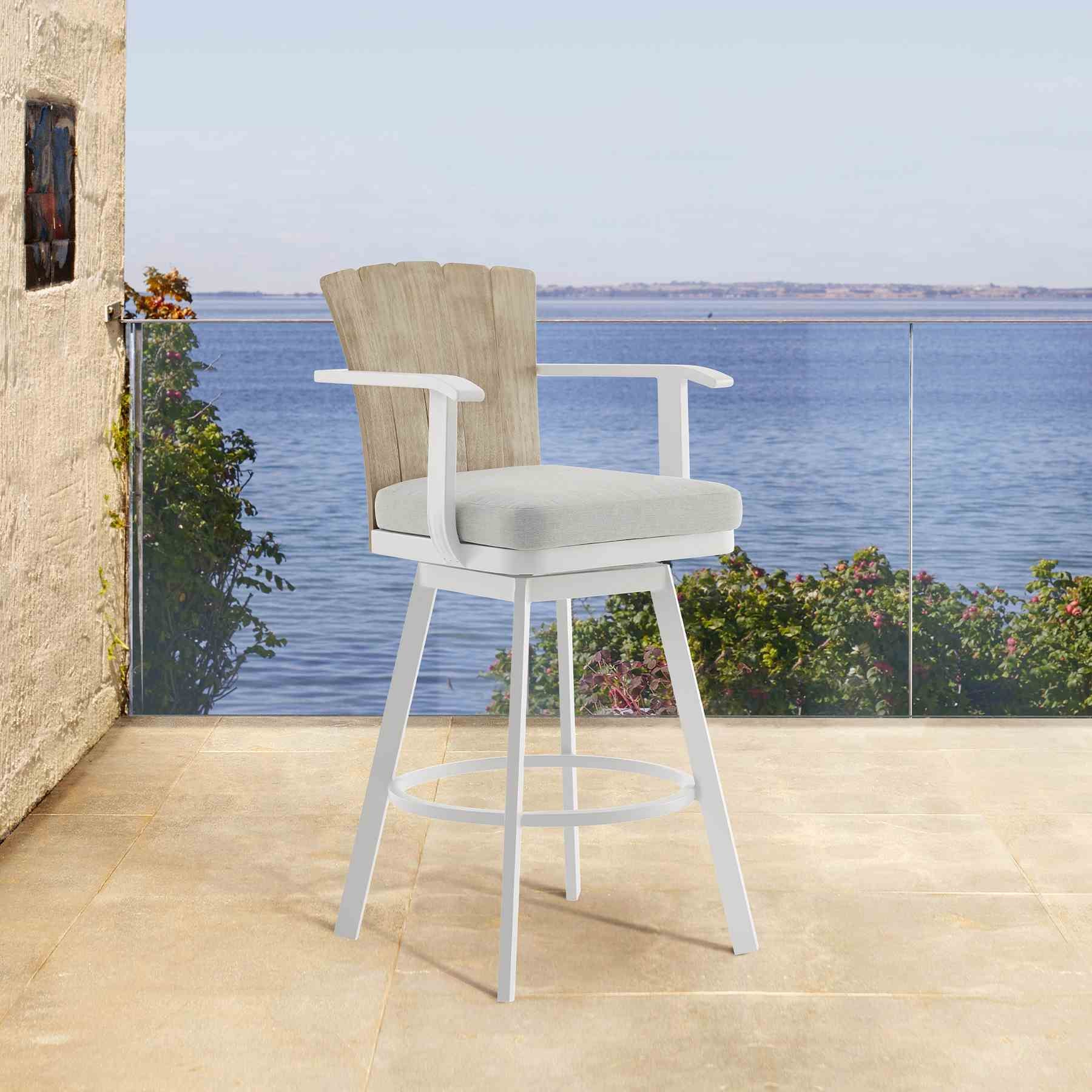 Hazel Outdoor Patio Swivel Counter Stool in Aluminum with Teak Wood and Argent Gray Cushion - Image 10