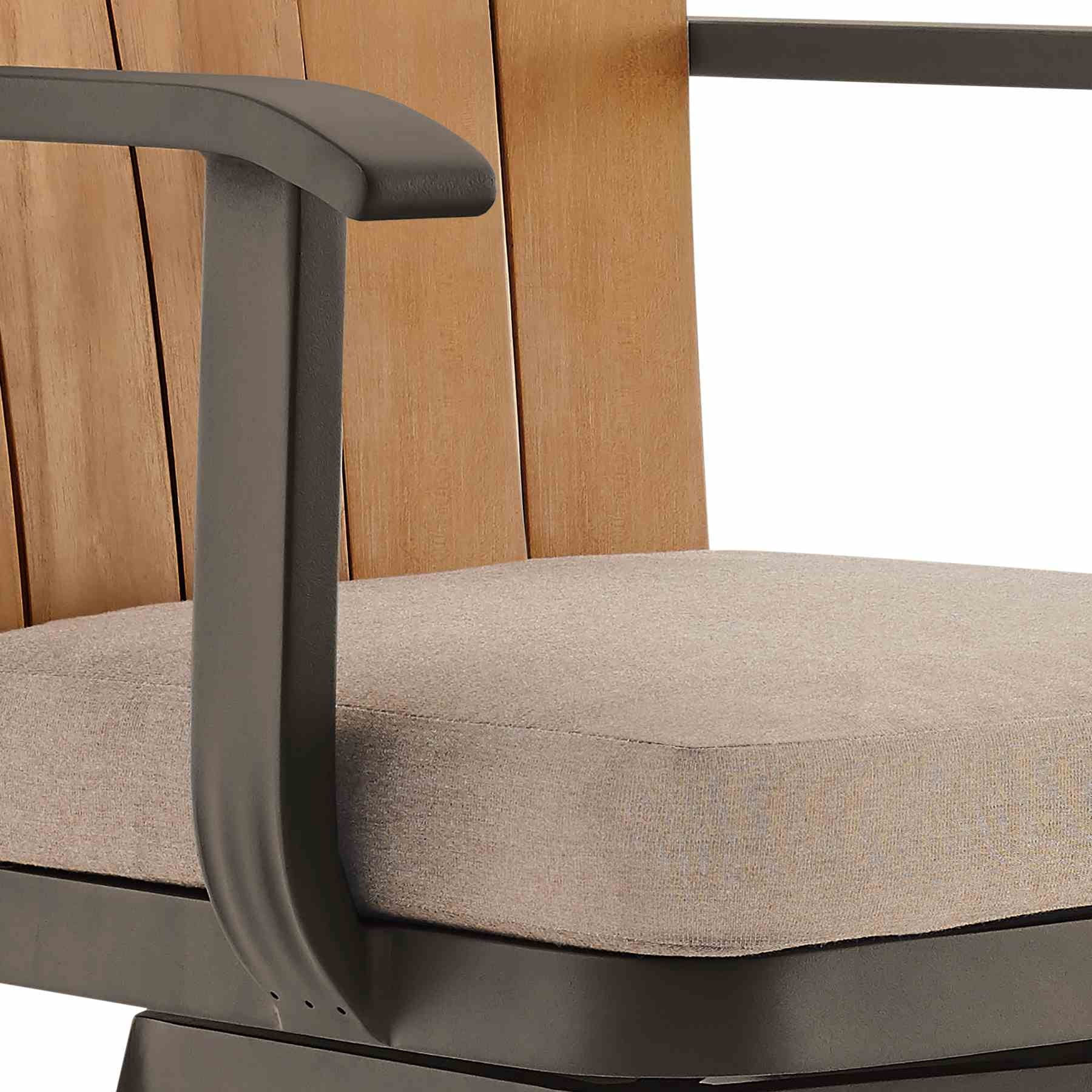 Hazel Outdoor Patio Swivel Counter Stool in Aluminum with Teak Wood and Brown Cushion - Image 6