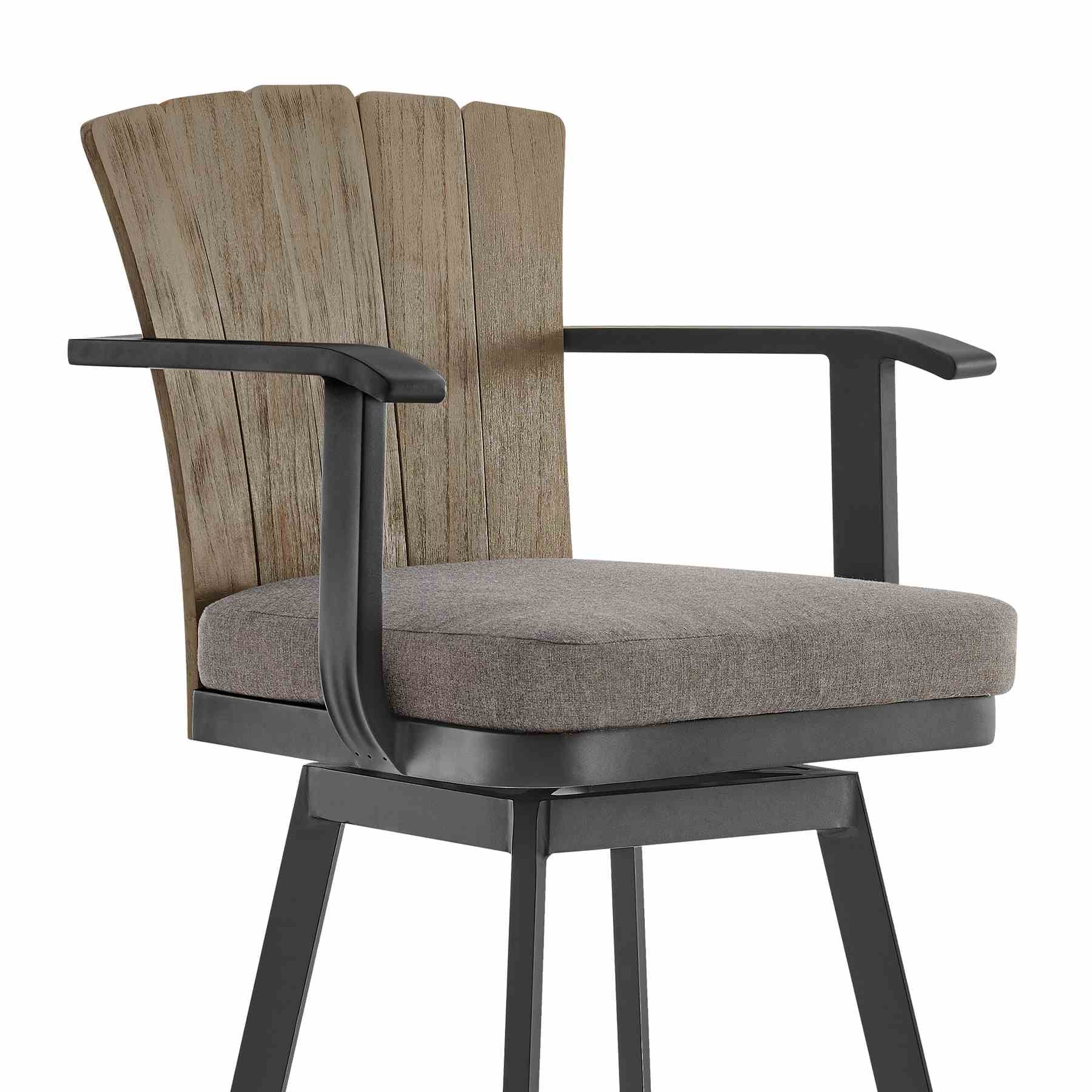 Hazel Outdoor Patio Swivel Counter Stool in Aluminum with Teak Wood and Charcoal Cushion - Image 4