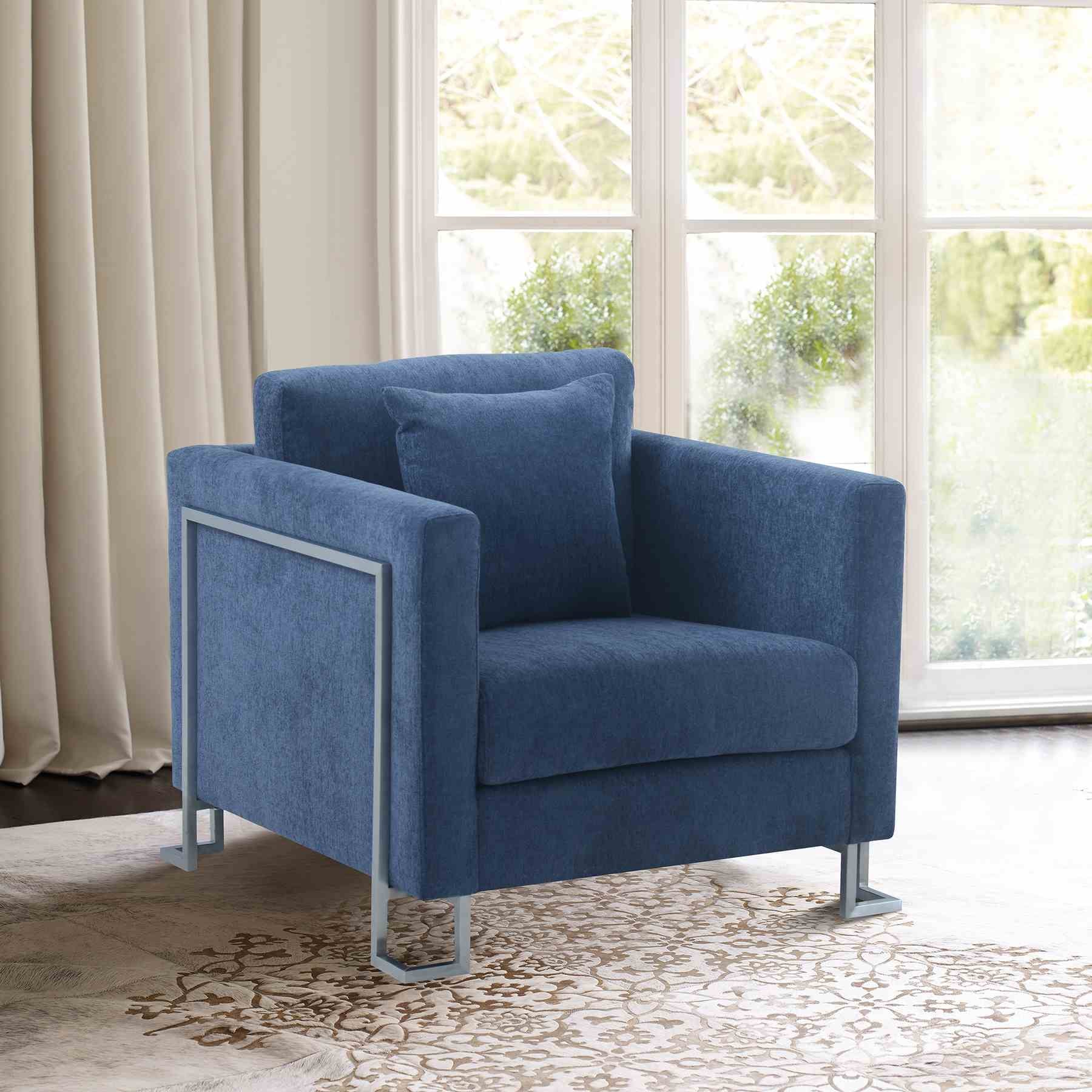 Heritage Blue Fabric Upholstered Accent Chair with Brushed Stainless Steel Legs - Image 7