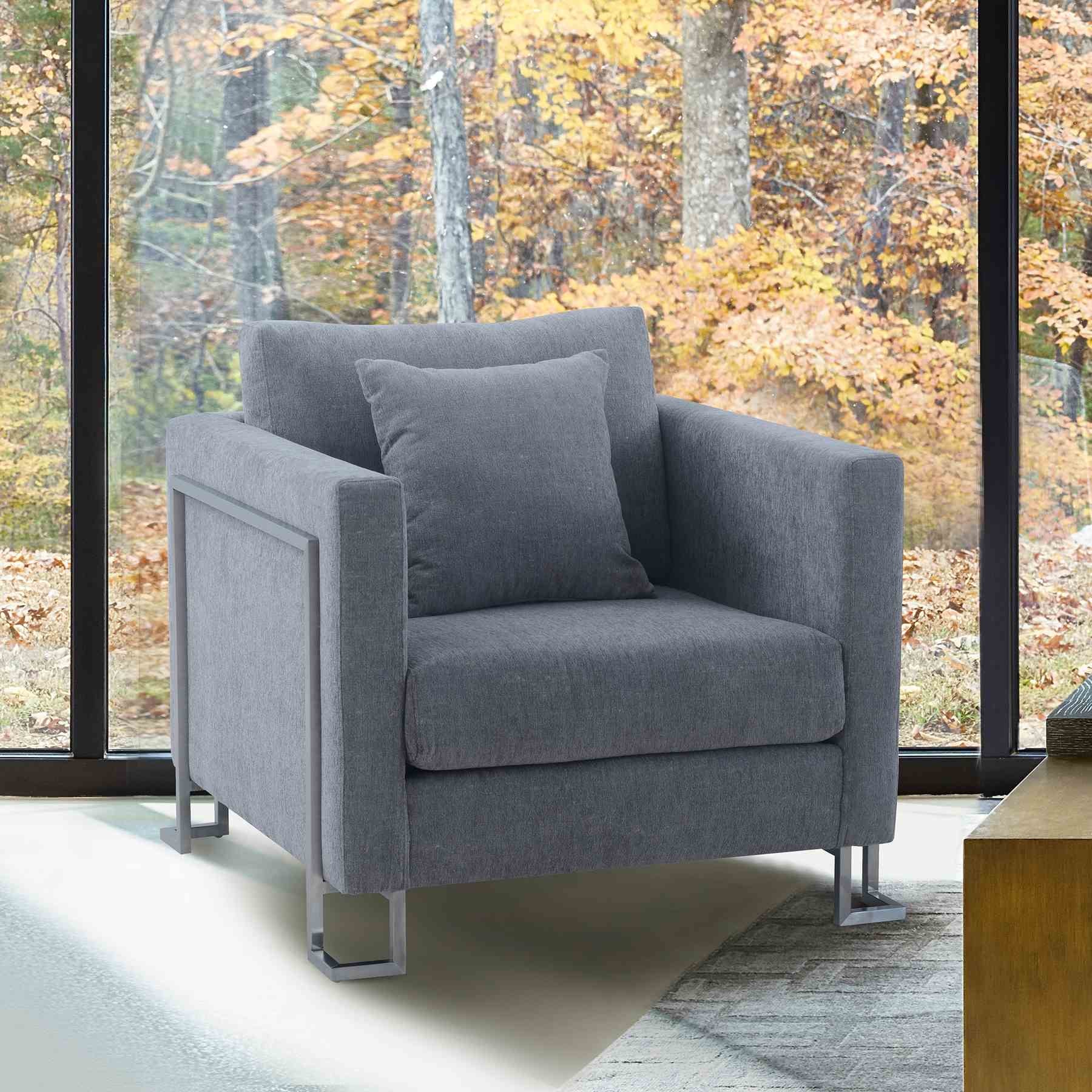 Heritage Gray Fabric Upholstered Accent Chair with Brushed Stainless Steel Legs - Image 7