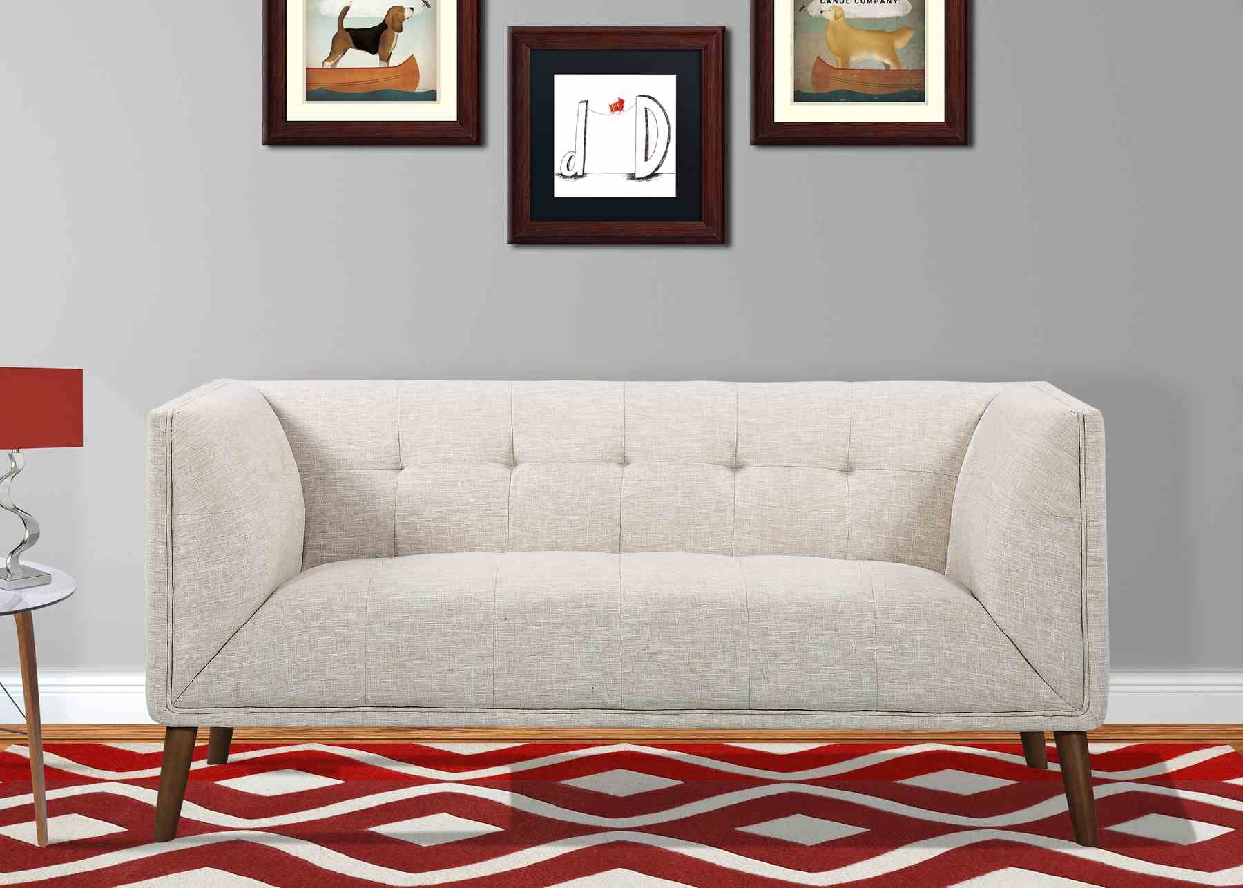 Hudson Mid-Century Button-Tufted Loveseat in Beige Linen and Walnut Legs - Image 6