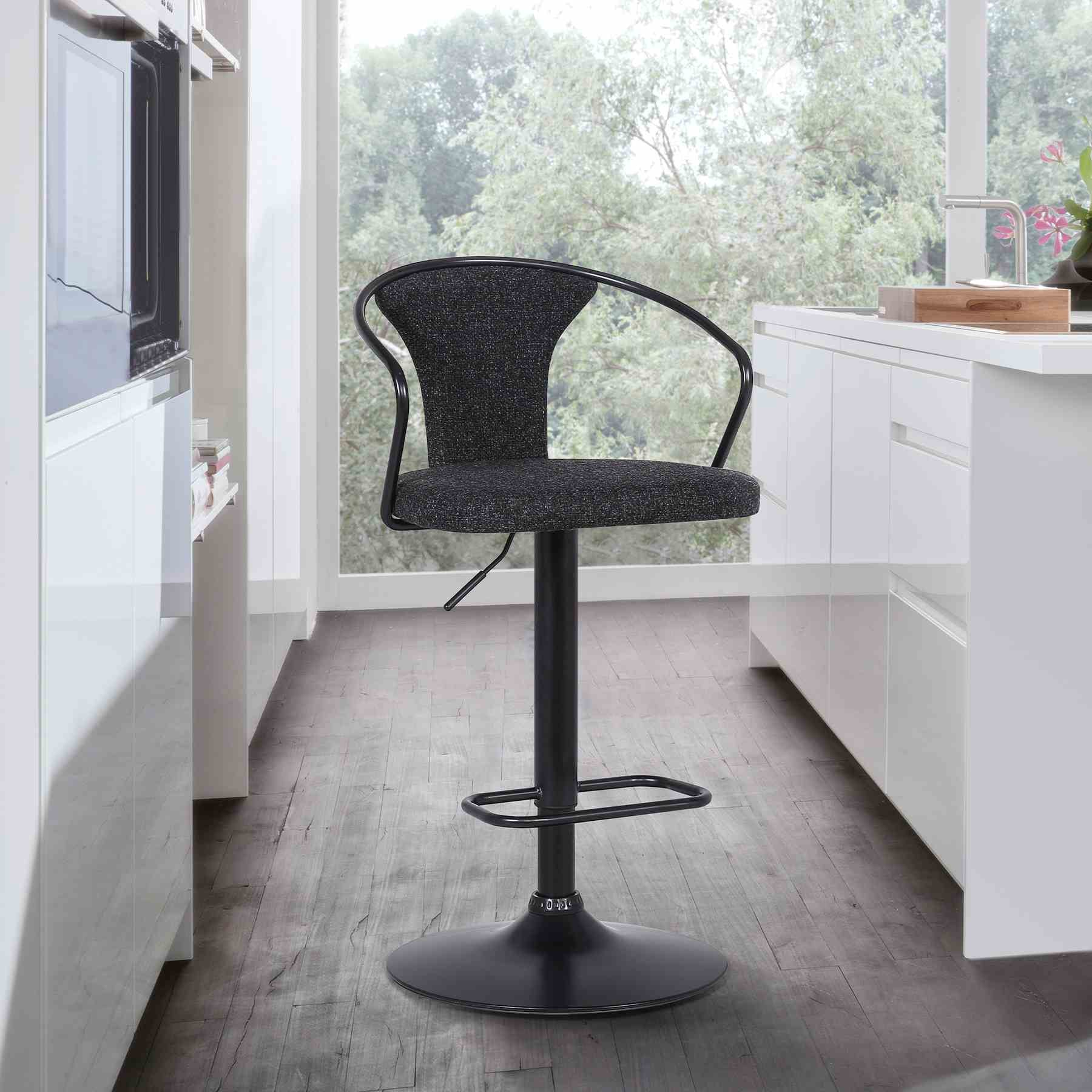 Ian Contemporary Adjustable Barstool in Black Powder Coated Finish and Black Fabric - Image 6