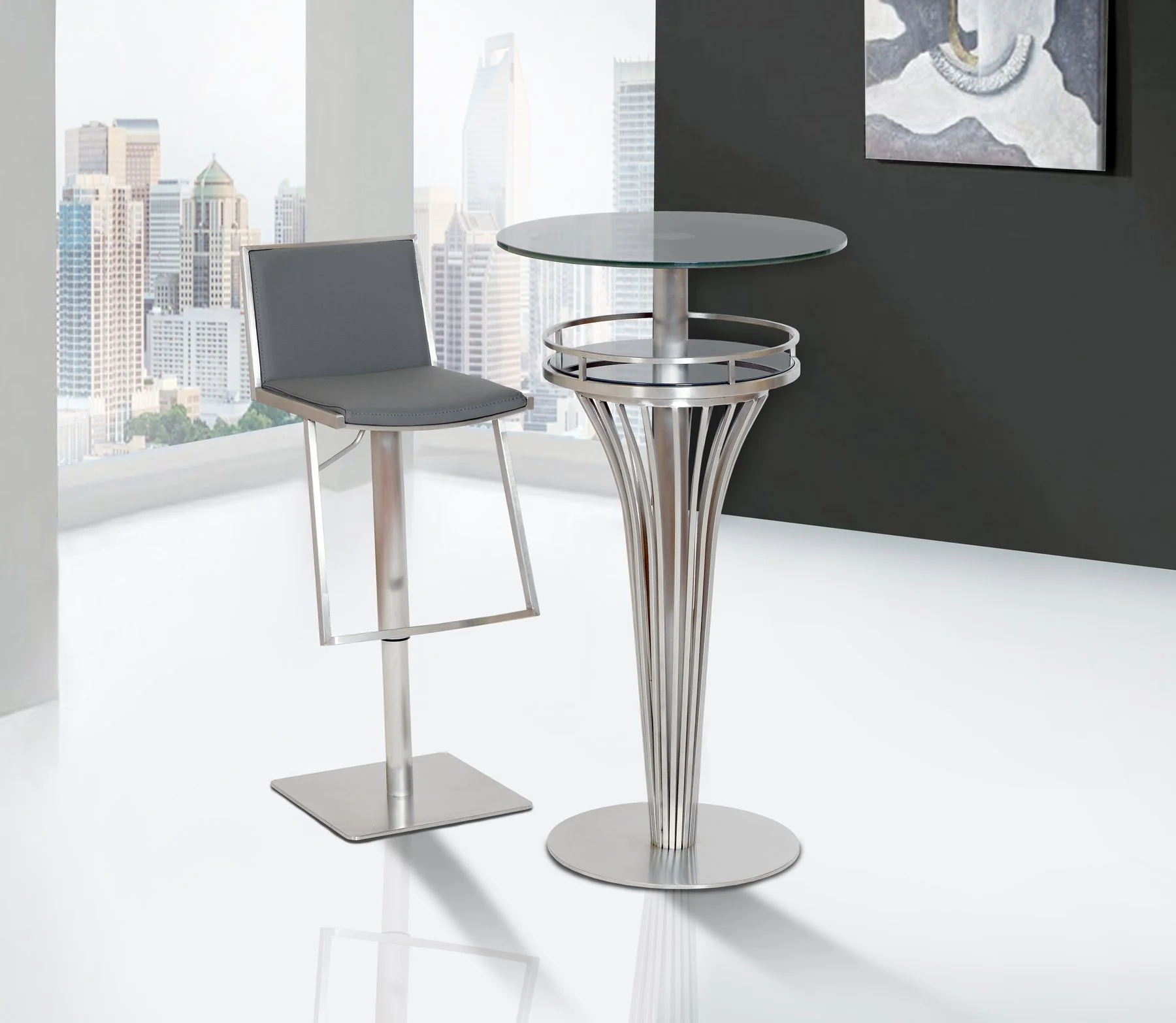 Ibiza Adjustable Brushed Stainless Steel Barstool in Gray Faux Leather - Image 4